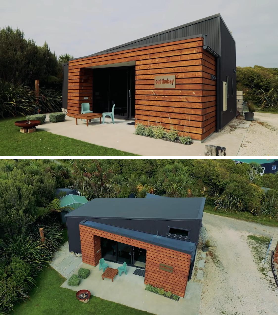 A small and modern home with dark corrugated metal and wood siding.