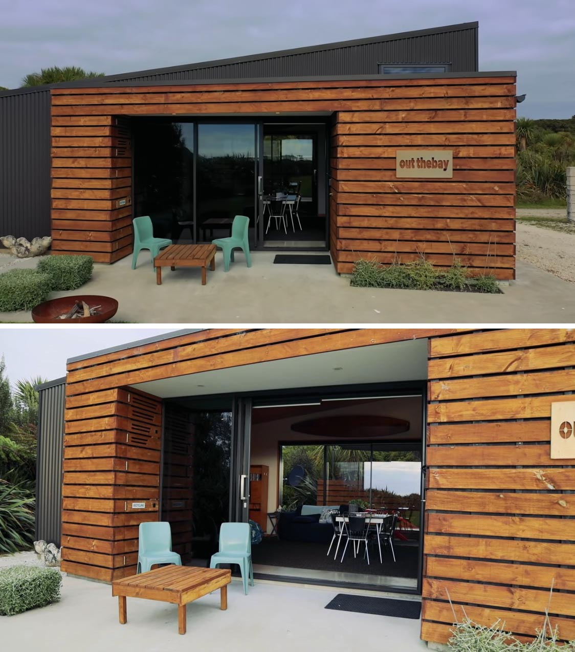 A small and modern home with dark corrugated metal and wood siding.