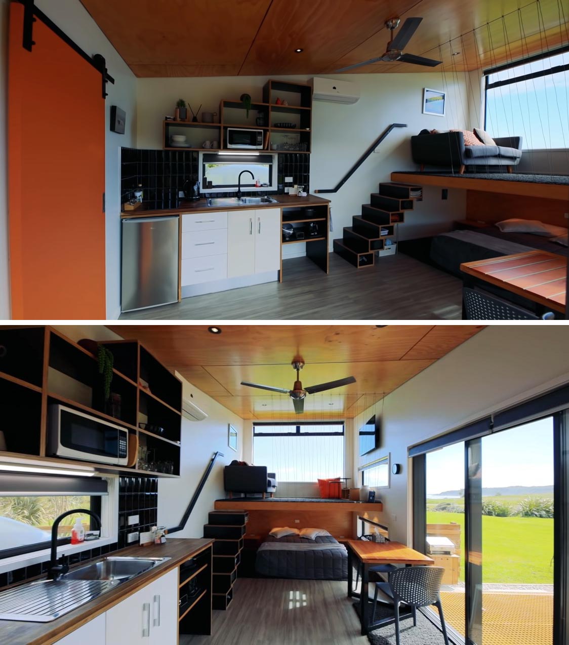 This modern tiny home has a small kitchen, a bathroom, a lofted living room, and an open sleeping area.