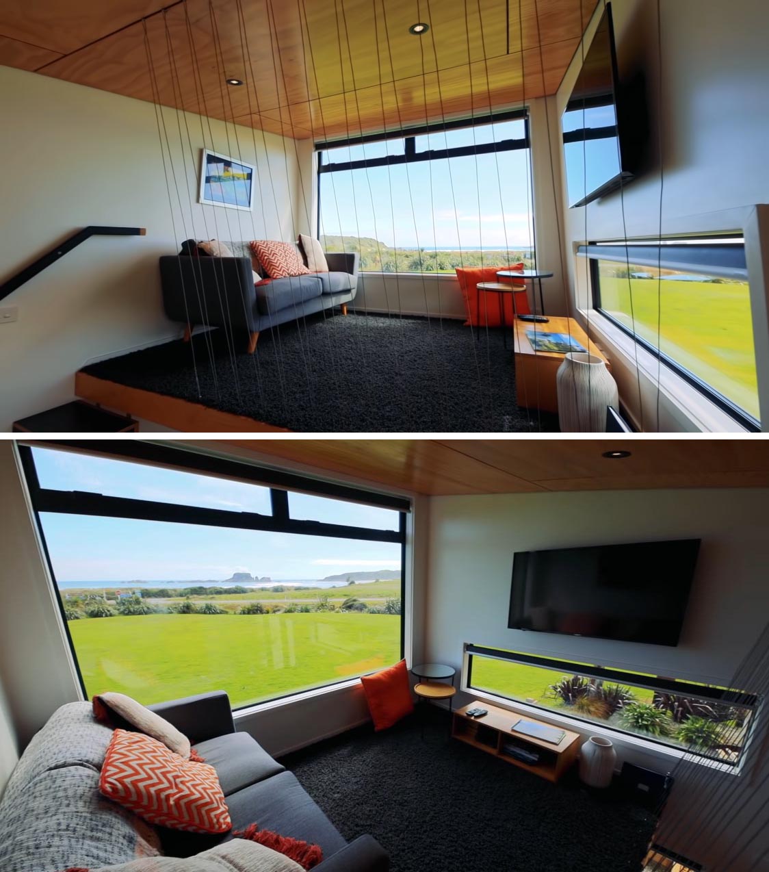 The lofted living room of this modern tiny house has been positioned to take advantage of the water views that can be seen through the large picture window.