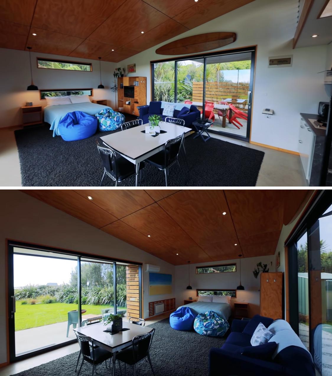 Stepping inside, and the design of this modern tiny home is open plan, with the bedroom, dining area, and kitchen all sharing the same space. 