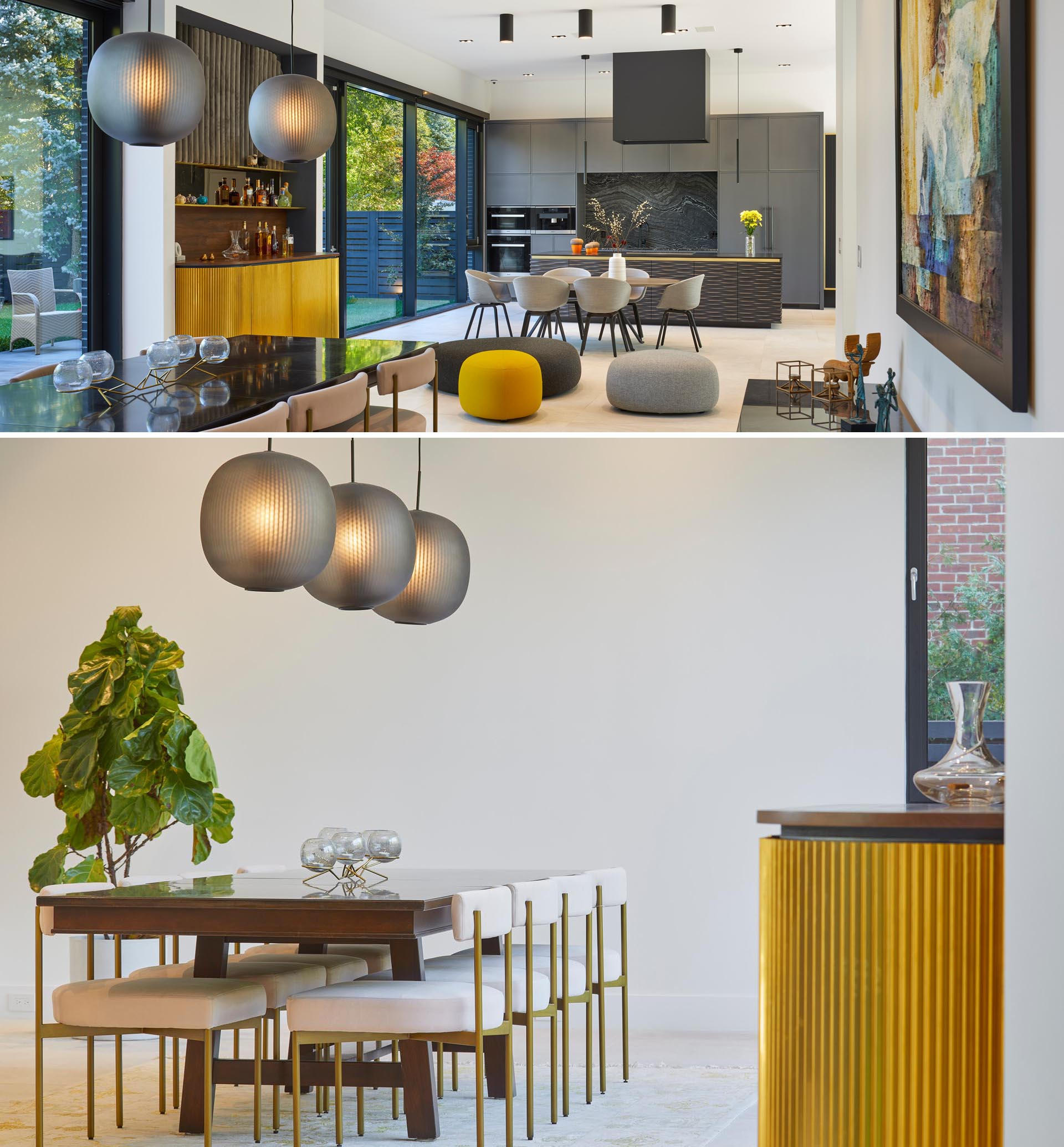 This open plan dining room and kitchen includes two different dining options, as well as a bar area, while porcelain tile flooring has been installed to sit flush with the rear patio pavers.