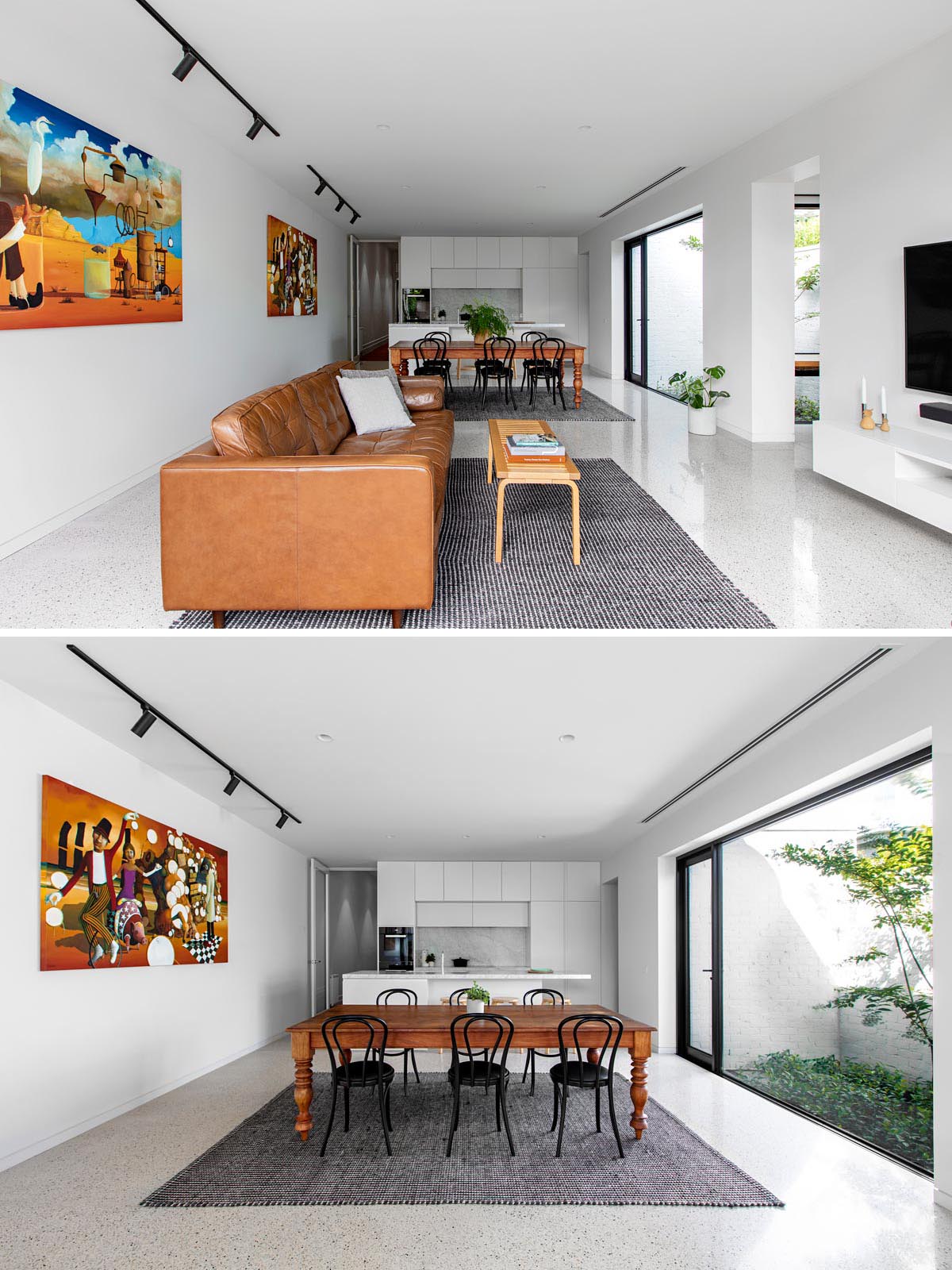 The social areas of this mdoern home, like the living room, dining area, and kitchen, share the same polished concrete floor. This helps to create a seamless look and due to its light color, it helps reflect light throughout the space.