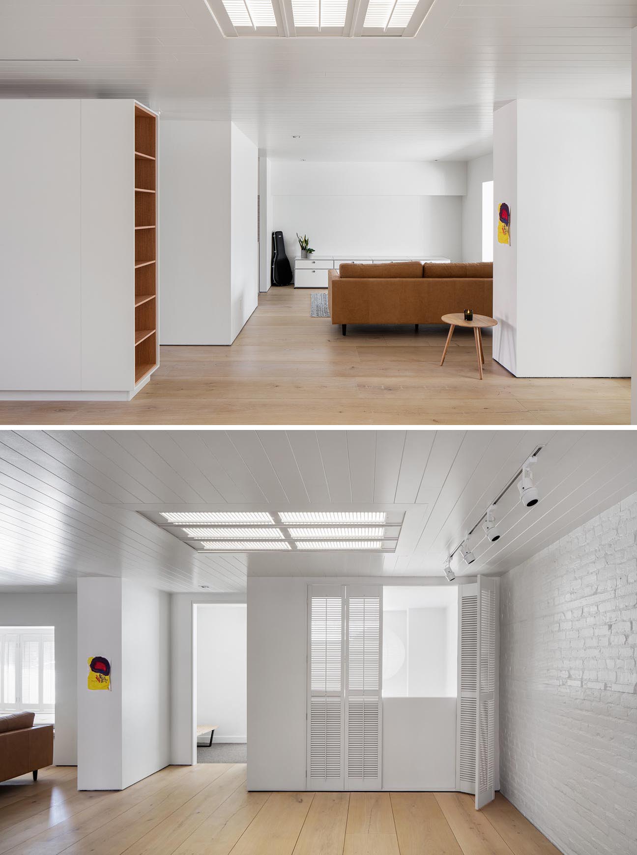 A modern photography agency with white walls, wood floors, and painted brick.