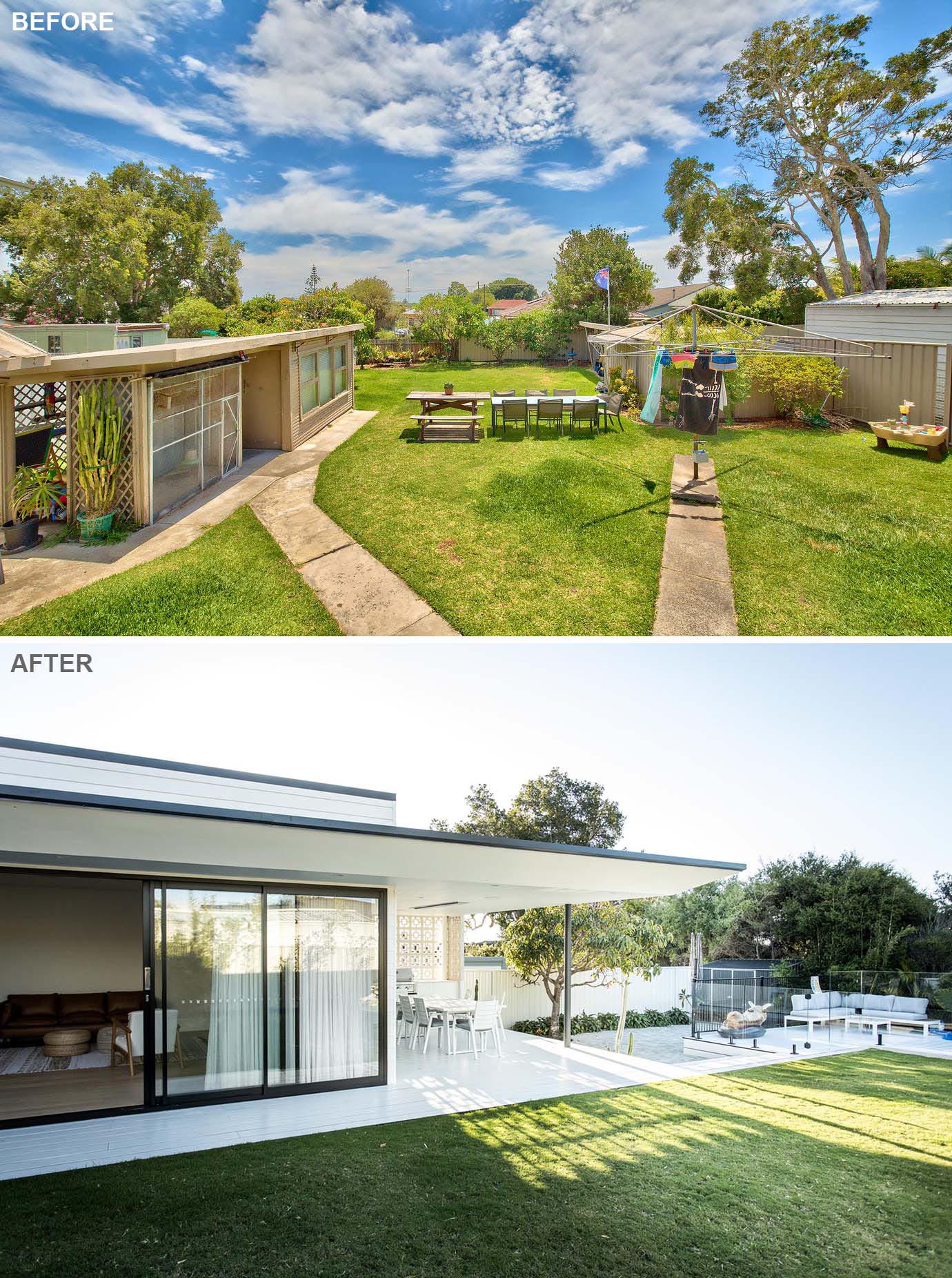 The rear of this remodeled home includes a covered outdoor kitchen and dining area, as well as a pool and expansive yard, where the home owners can relax and give the children space to roam.