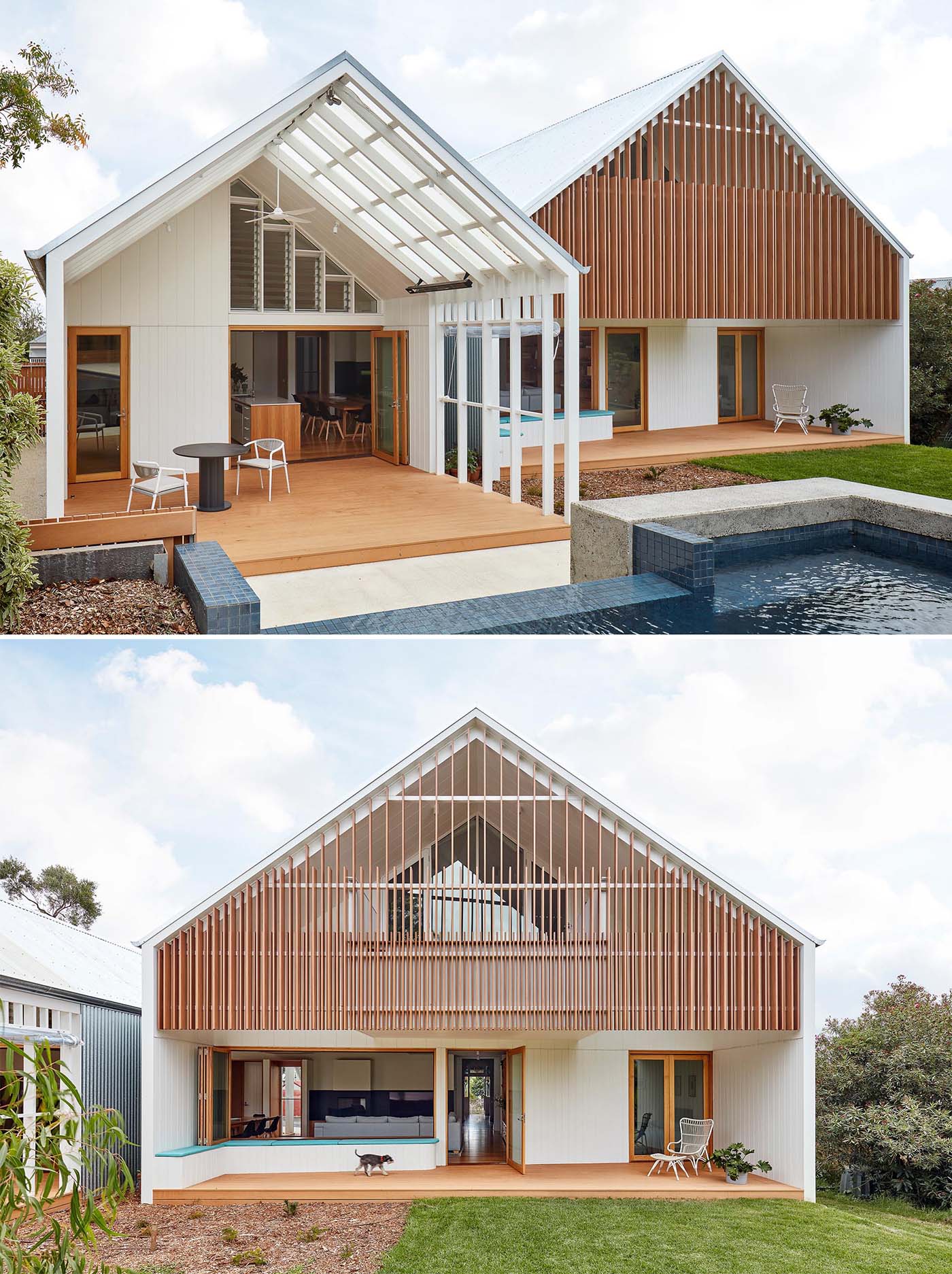 A modern house design with decks for outdoor dining and a built-in bench that wraps around the corner.