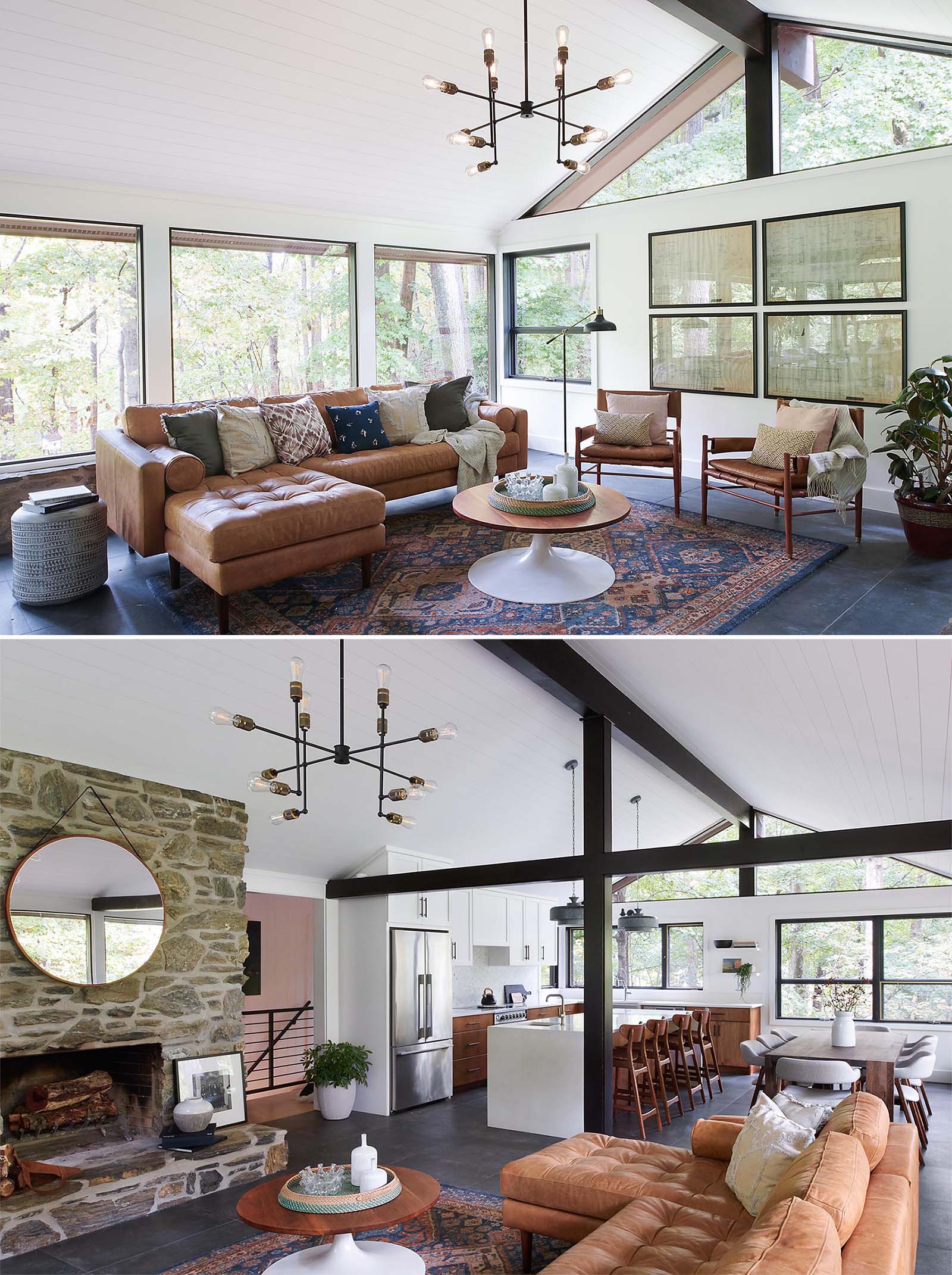 Small details like the dark painted window sashes create a stark, but eye popping contrast of the new white walls and ceiling in this modern living room.