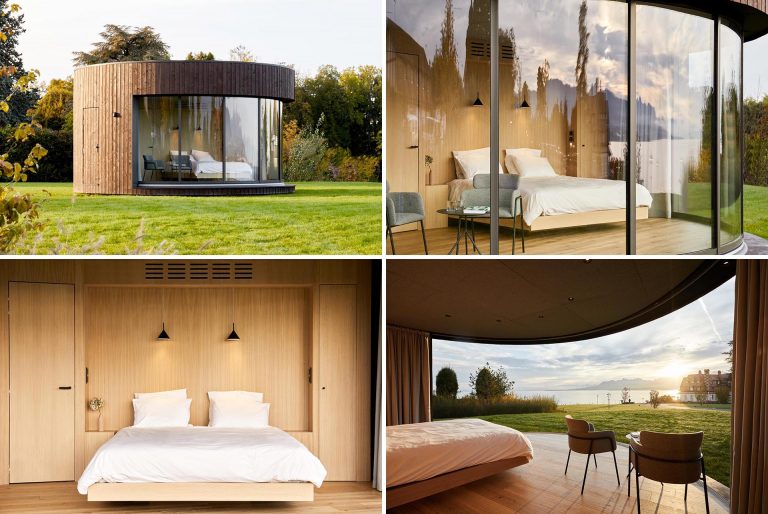 A Retractable Curved Glass Wall Is The Face Of This Small Round Cabin