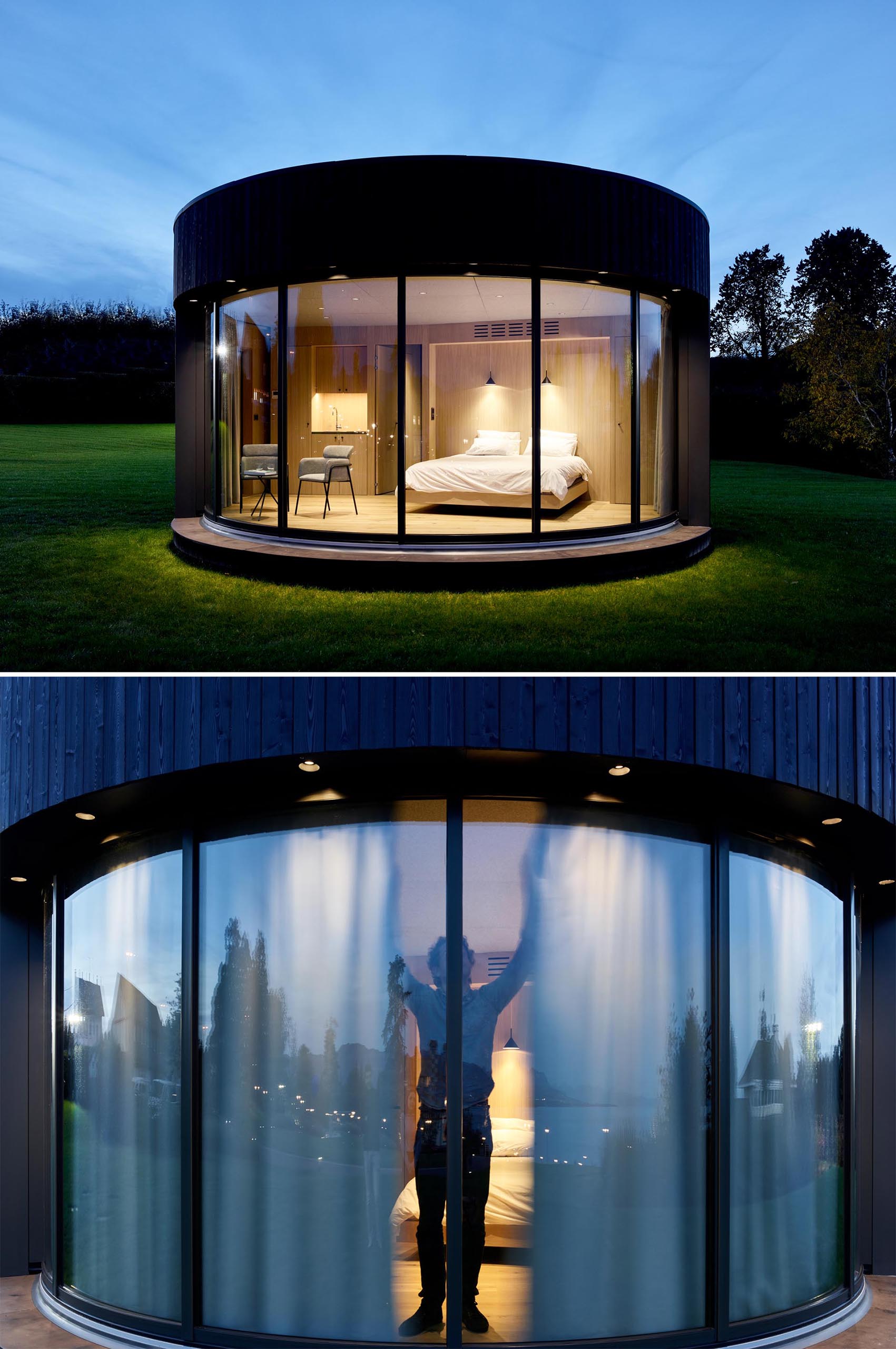 A modern round cabin with a curved glass wall.