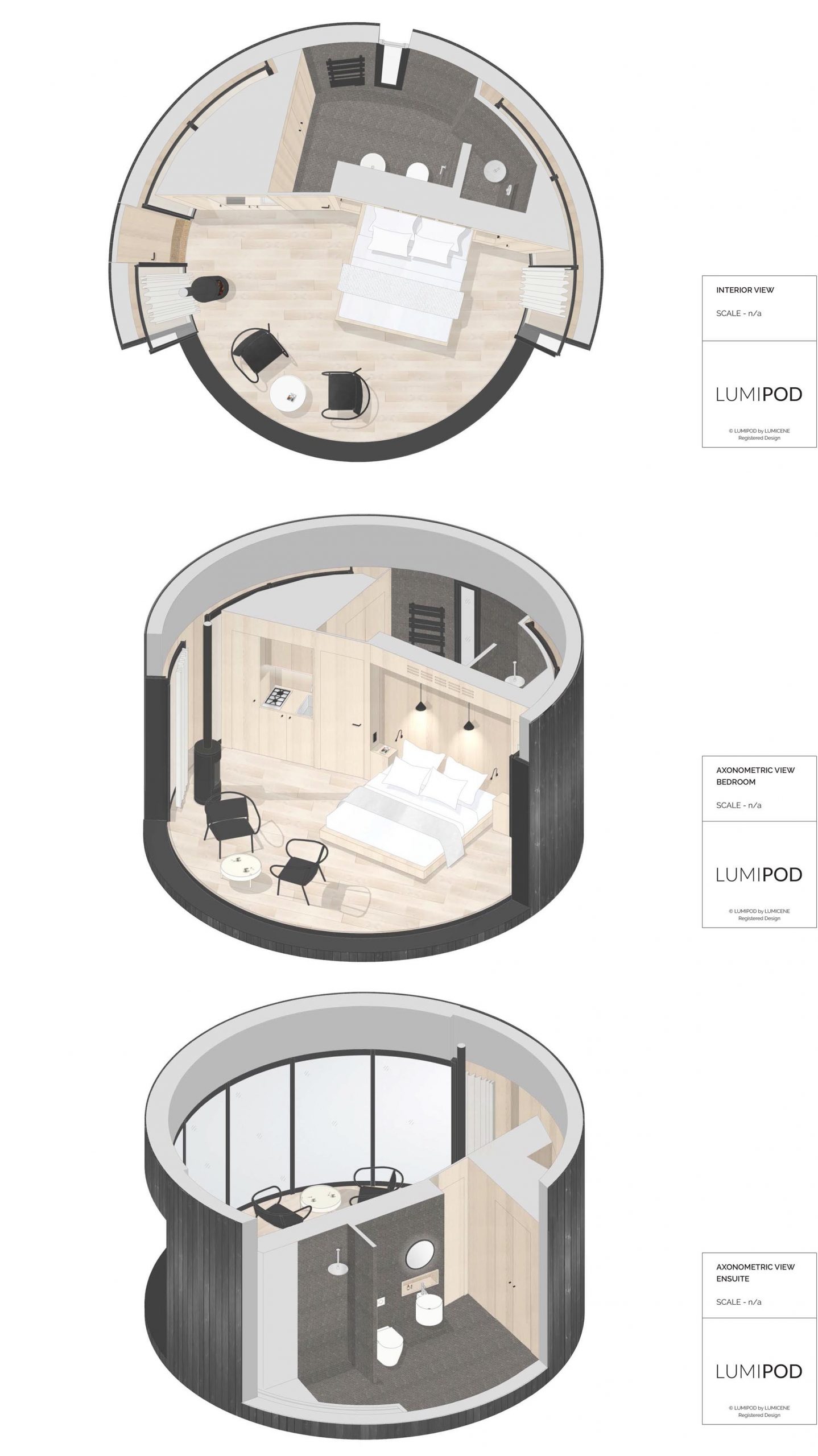 A small round cabin includes an exterior of vertical dark wood, a large curved glass wall that can be opened, as well as a bedroom and a bathroom.