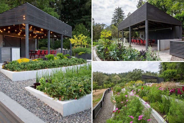 A Delightful Terraced Garden Sits In Front Of This Outdoor Dining Room