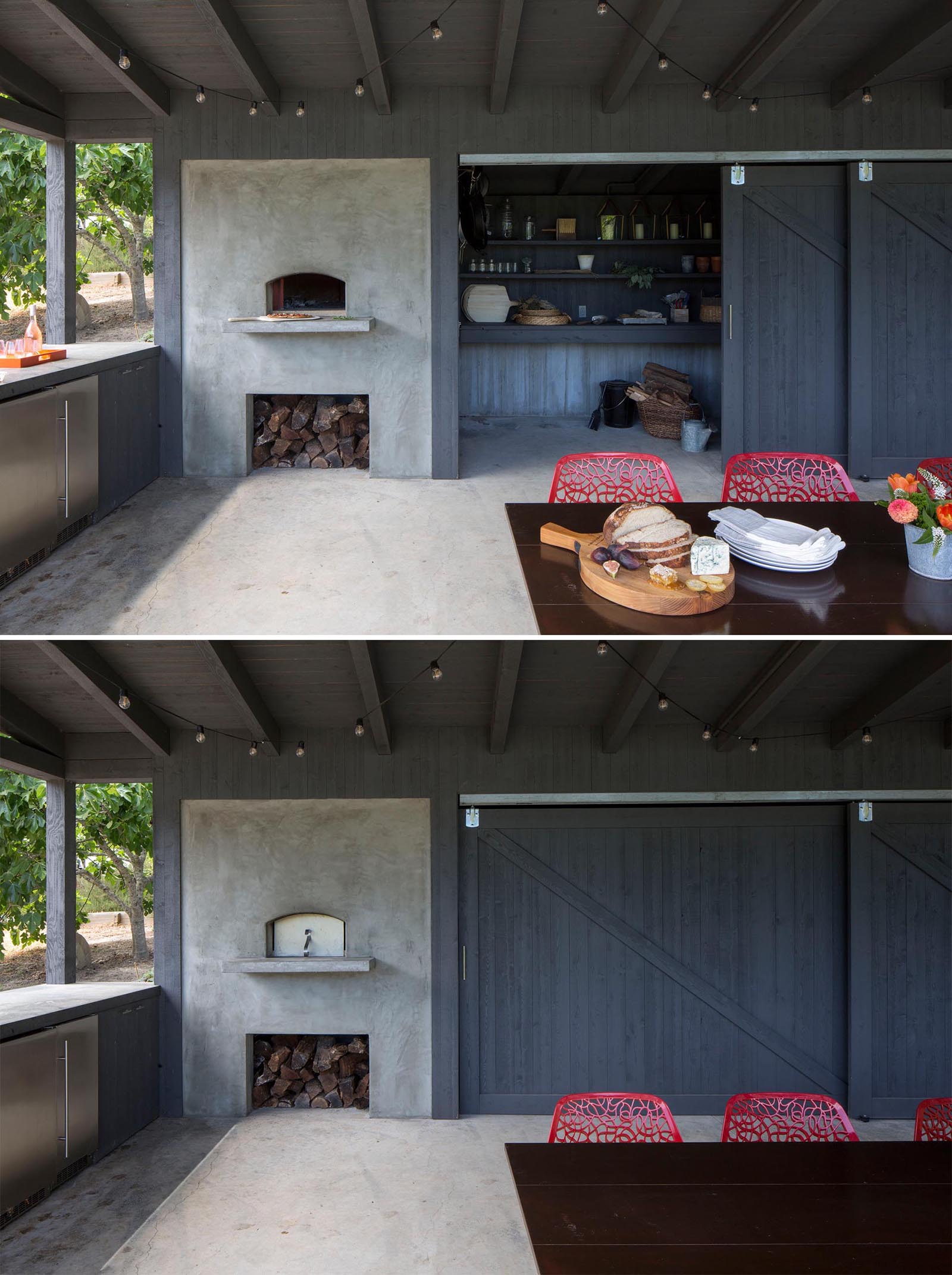 An outdoor pavilion includes dining area, a kitchen area with fridges, a pizza oven and firewood storage, as well as a separate space for storing garden items. This small room can be hidden from view by the large sliding barn doors.