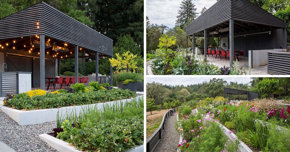 A Delightful Terraced Garden Sits In Front Of This Outdoor Dining Room