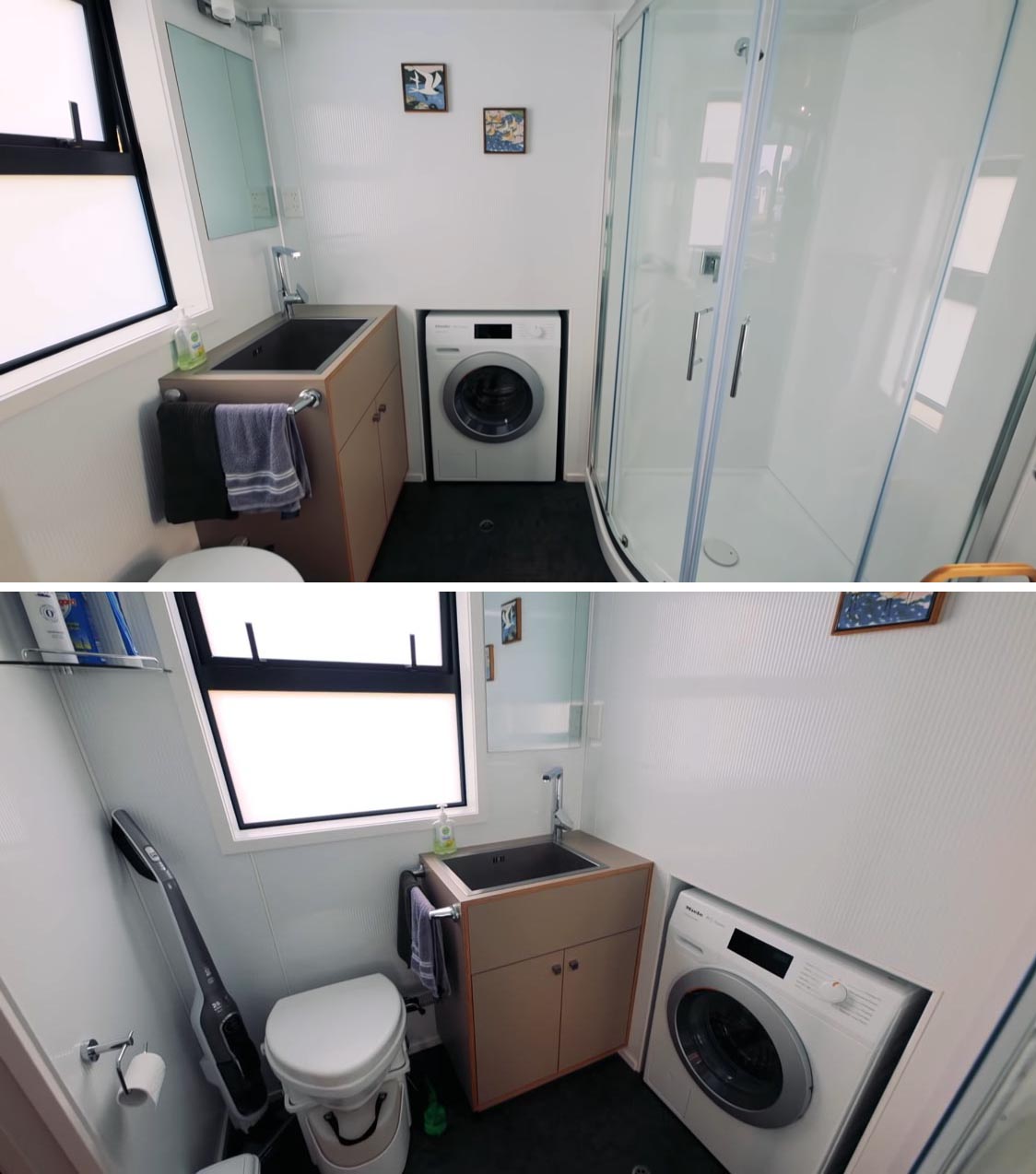 This modern tiny home bathroom includes a shower with curved surround, a washing machine, vanity, and toilet.