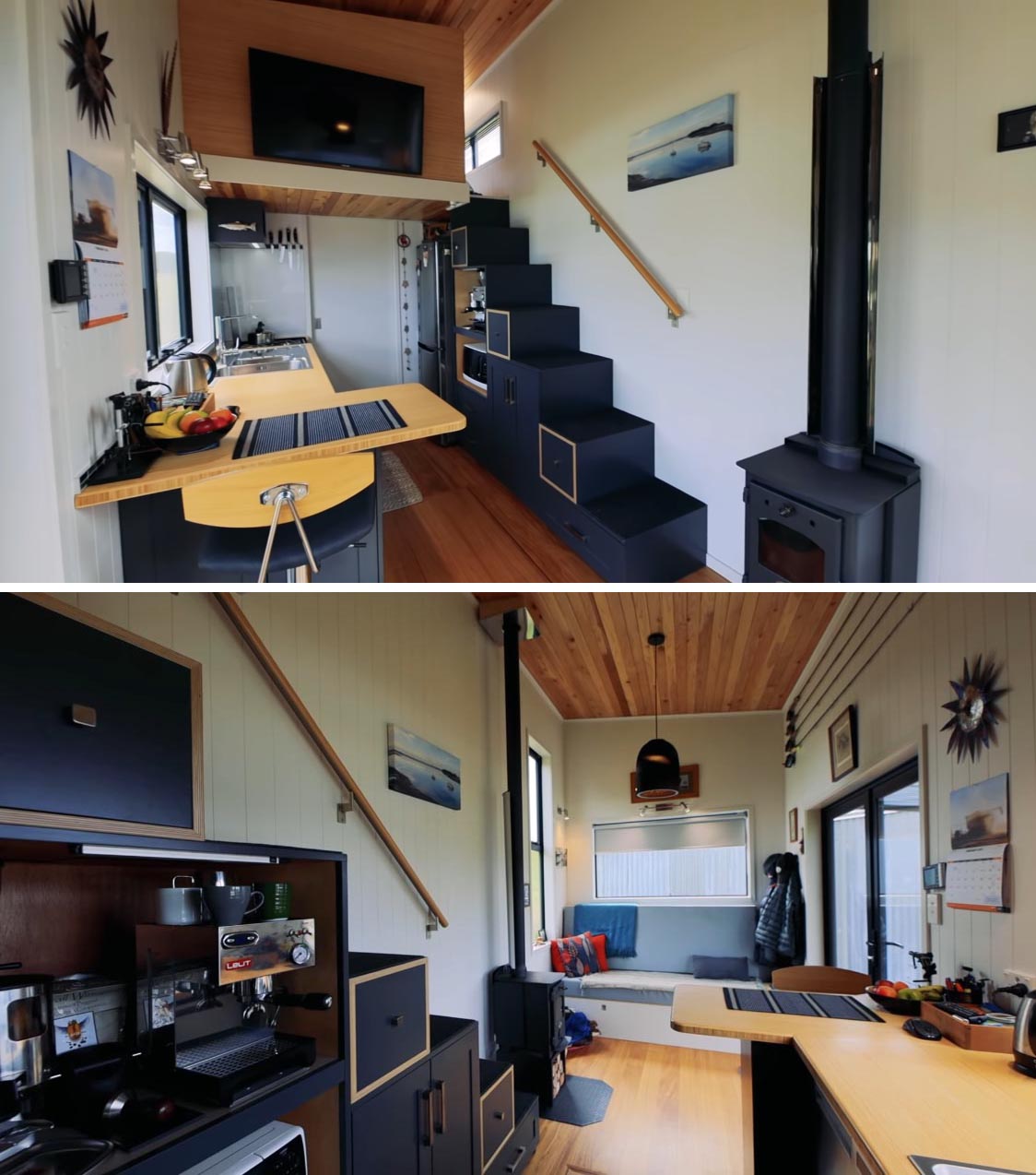 In this modern tiny home kitchen, there's plenty of storage, a stove and microwave, a dishwasher, and a full size fridge. There's also in floor storage and soft-close cabinets and drawers.