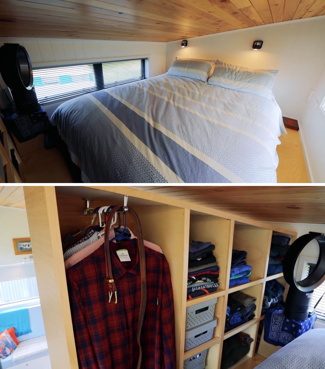 This modern tiny house loft bedroom includes white walls, windows on either side, and an open closet for clothes storage.