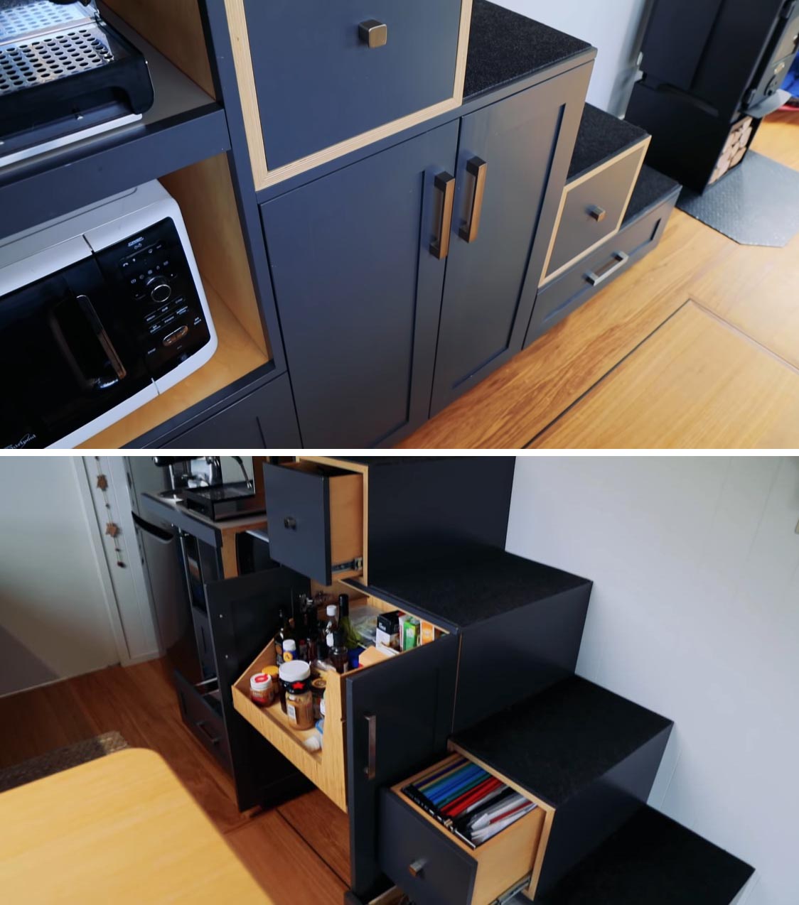 The under stair storage cabinets in this modern tiny home include space for a pantry with pull-out drawers, a filing cabinet, and a coffee station.