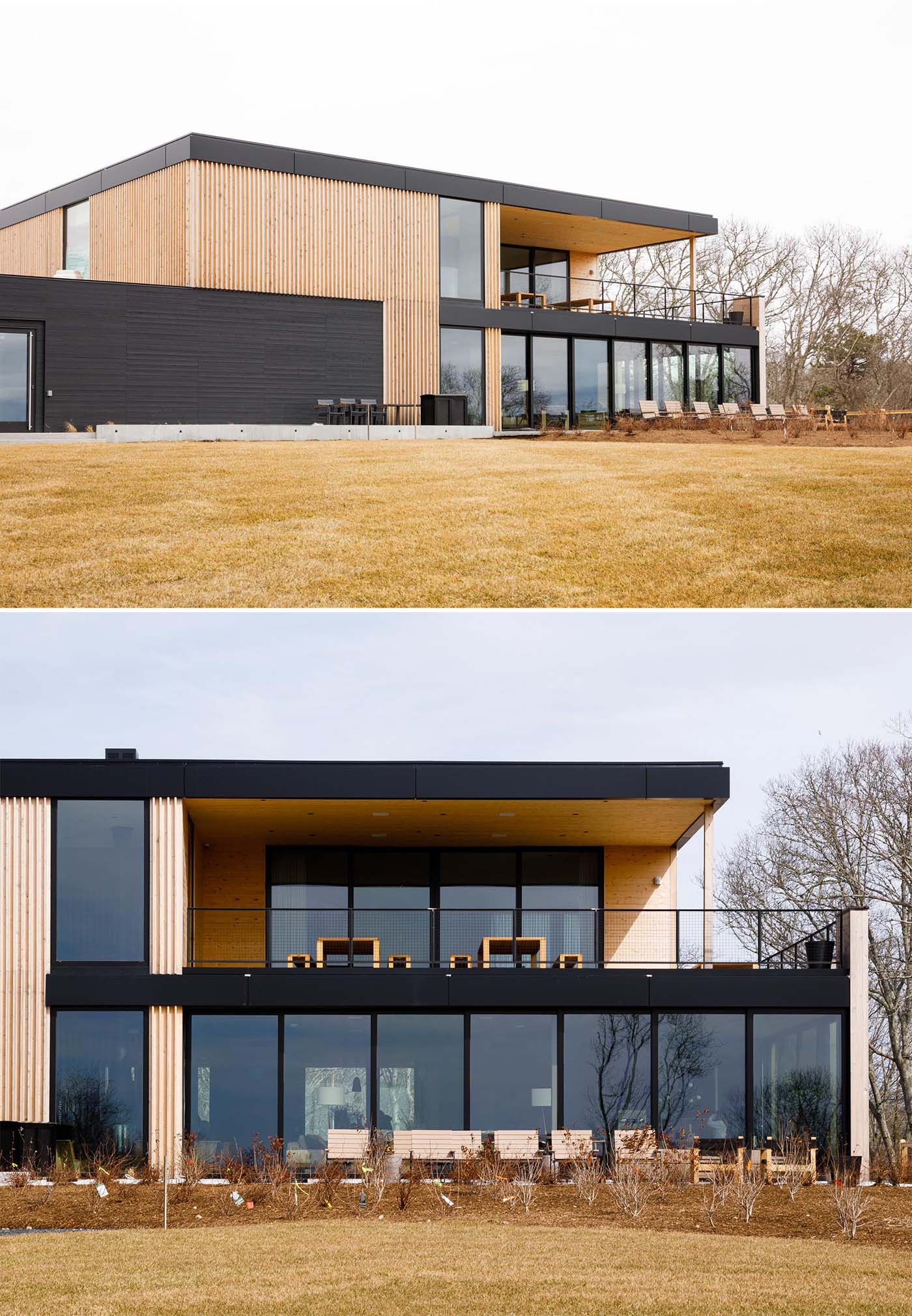 This modern clubhouse building has a wood exterior, with both a natural finish and a darker finish, as well as large expanses of windows.