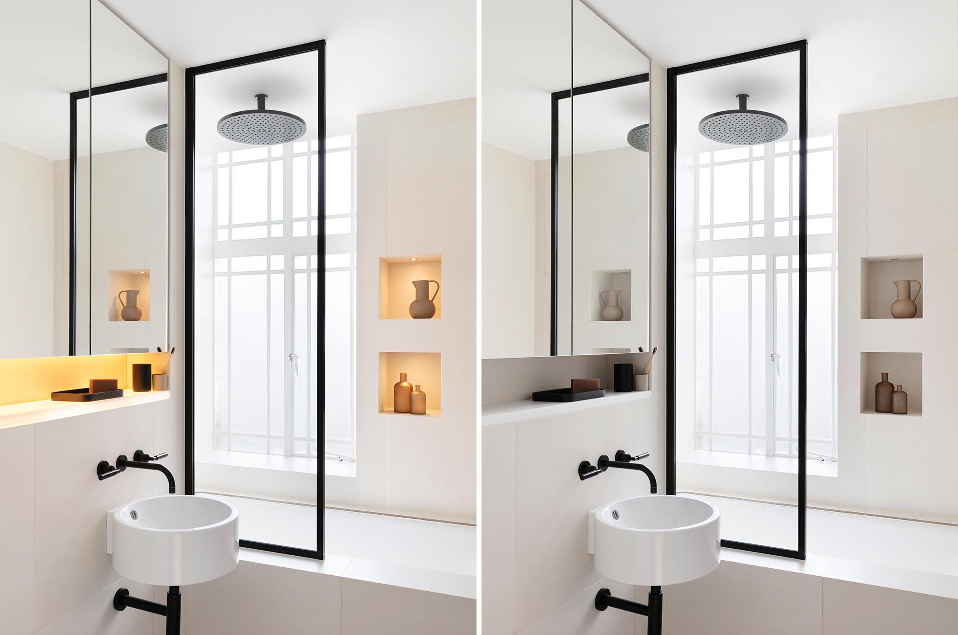 This remodeled bathroom received a black and white art deco feel to resemble the age of the apartment. The vanity area has a small recessed shelf with hidden lighting, while in the shower, small spotlights highlight the items on the shower niches.