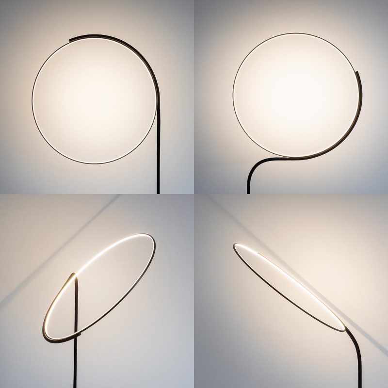 Cling is a minimal and flexible floor lamp, with a steel pole that smoothly transitions from bottom plate into a bent frame, that holds a big but very thin and light spotless LED ring.