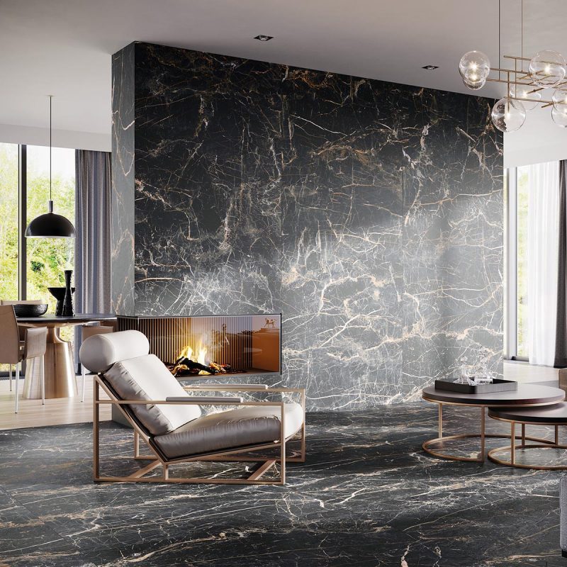 A tile collection with abundantly scattered gold veining patterns, inspired by the grandeur of marble.