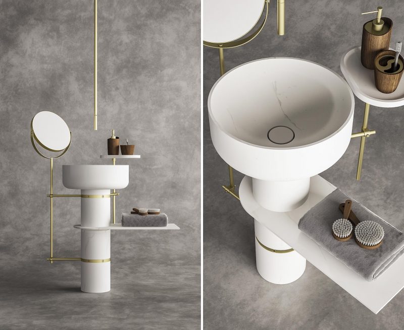 TuttoTondo is a marble washbasin made up of 3 modules for the column and an element for the washbasin. These components are joined together by steel ferrules which, in addition to ensuring the tightness of the modules, allow the application of a series of accessories, mirrors, shelves and containers, specially designed for the system.