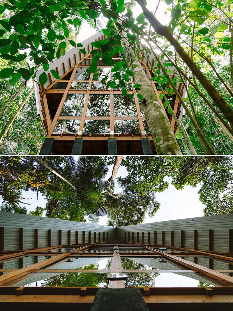 The exterior of this A-Frame house is covered by a galvalume skin with thermoacoustic insulation, while the main framing of the home is wood.