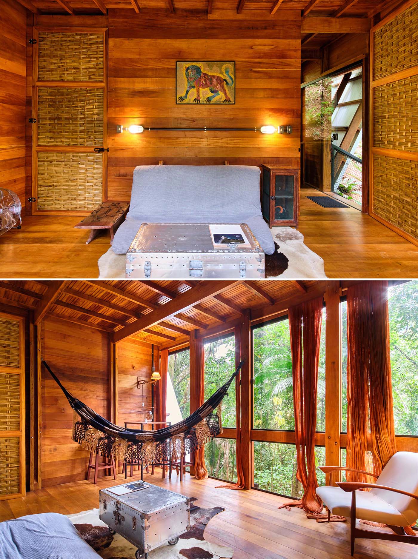 The living room and dining area of an A-frame cabin with a warm wood interior.