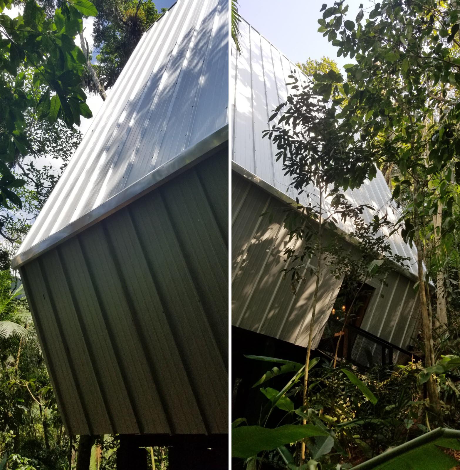 Metal siding of an A-Frame cabin.