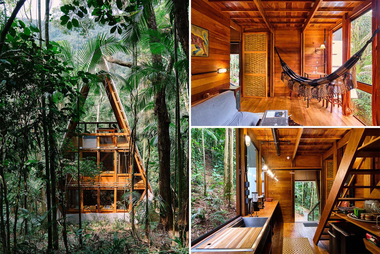 An A-Frame cabin in the forest with a warm wood interior.