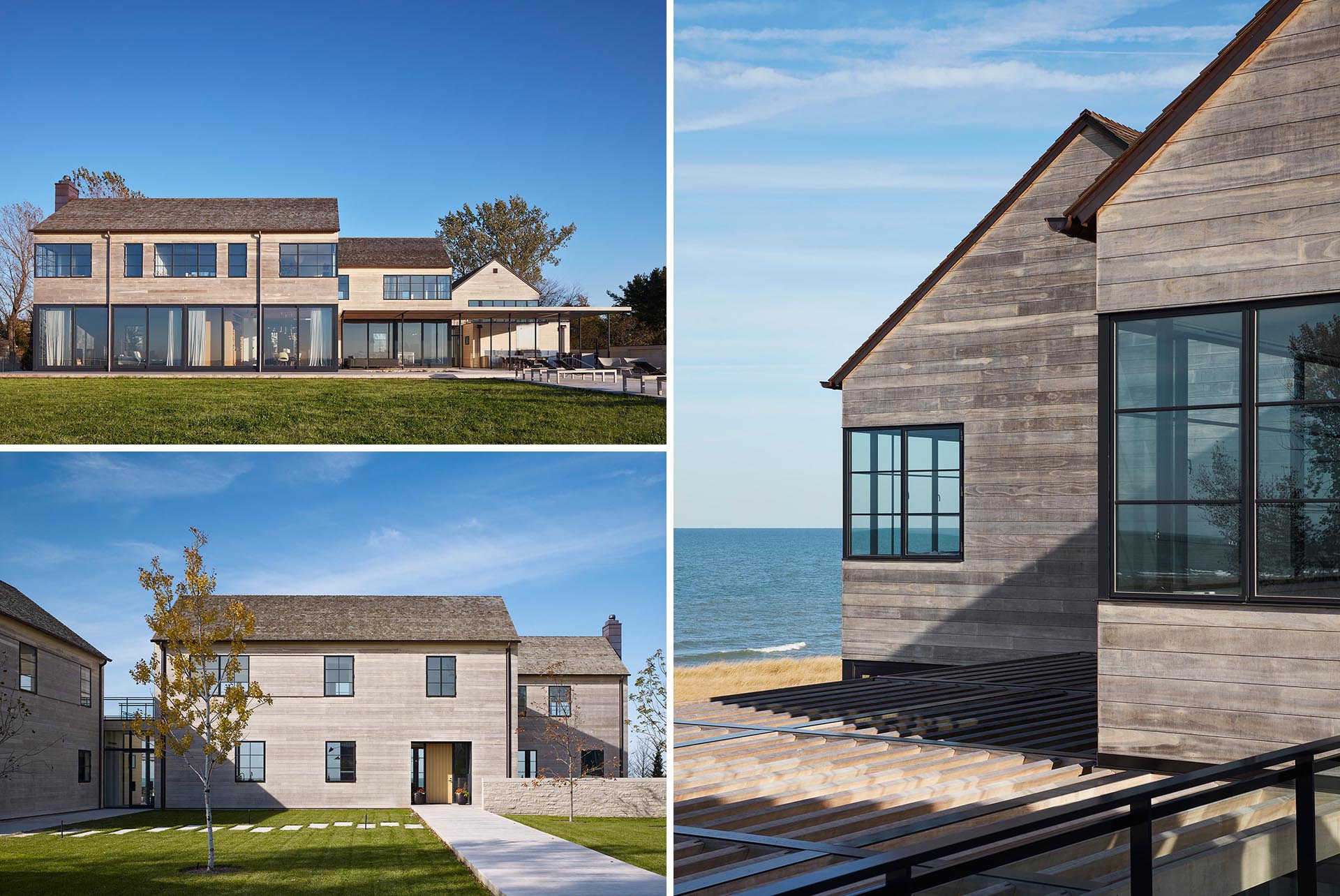 The Accoya wood siding of this modern home complements the cedar shingles that have been used on the roof, both of which will weather gracefully in the constant wind coming off the lake.