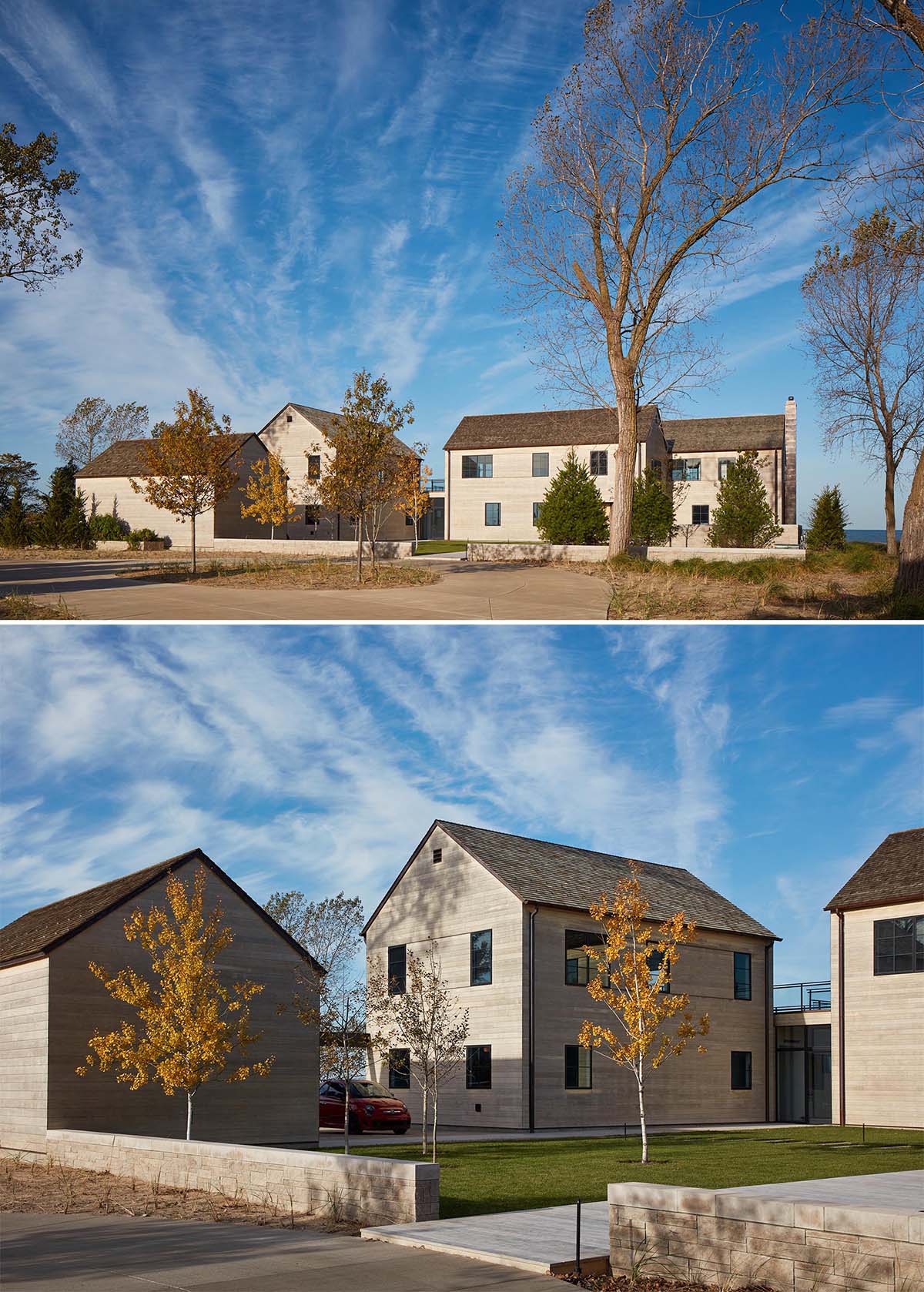 The Accoya wood siding of this modern home complements the cedar shingles that have been used on the roof, both of which will weather gracefully in the constant wind coming off the lake.