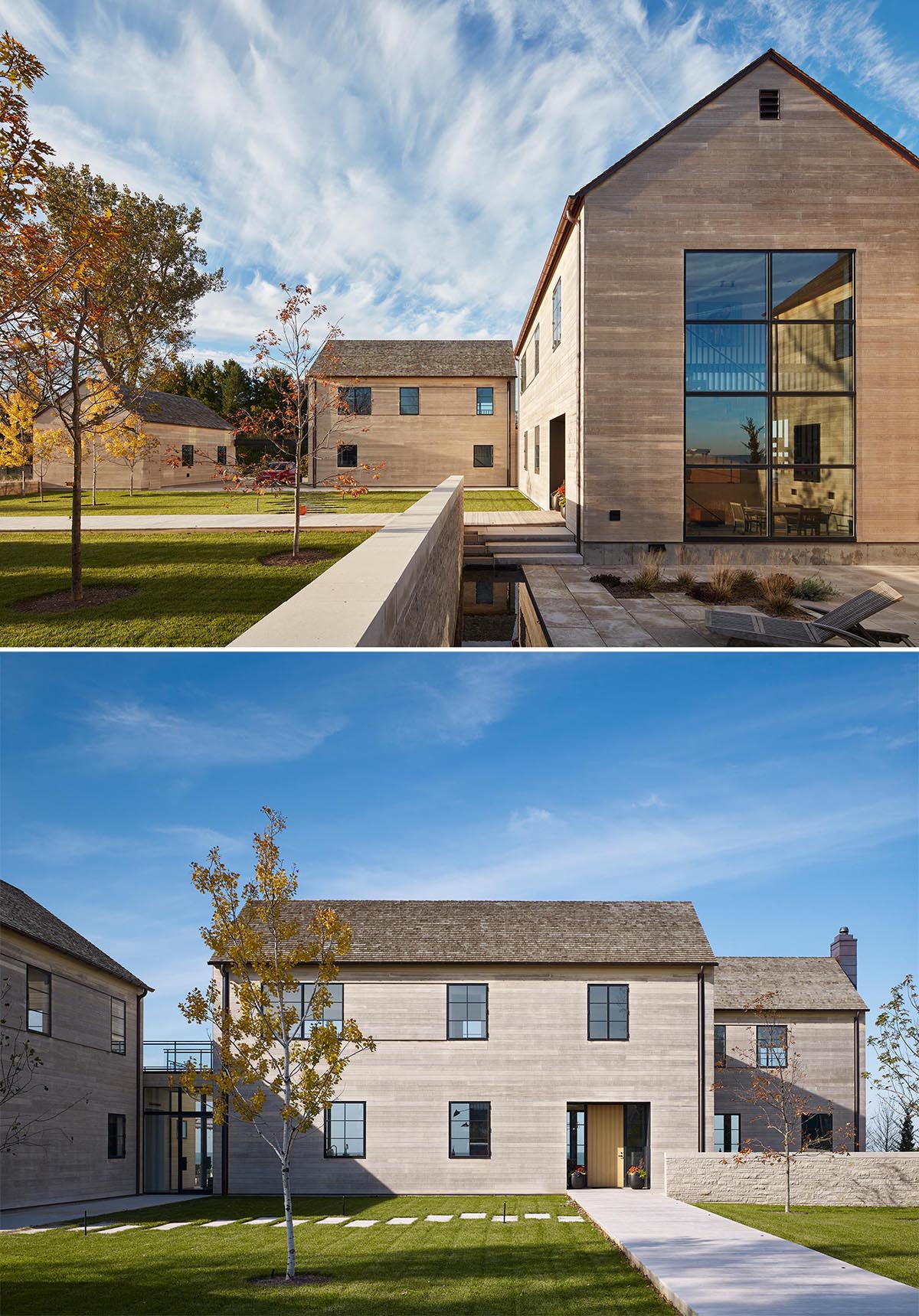 The Accoya wood siding of this modern home complements the cedar shingles that have been used on the roof, both of which will weather gracefully in the constant wind coming off the lake.