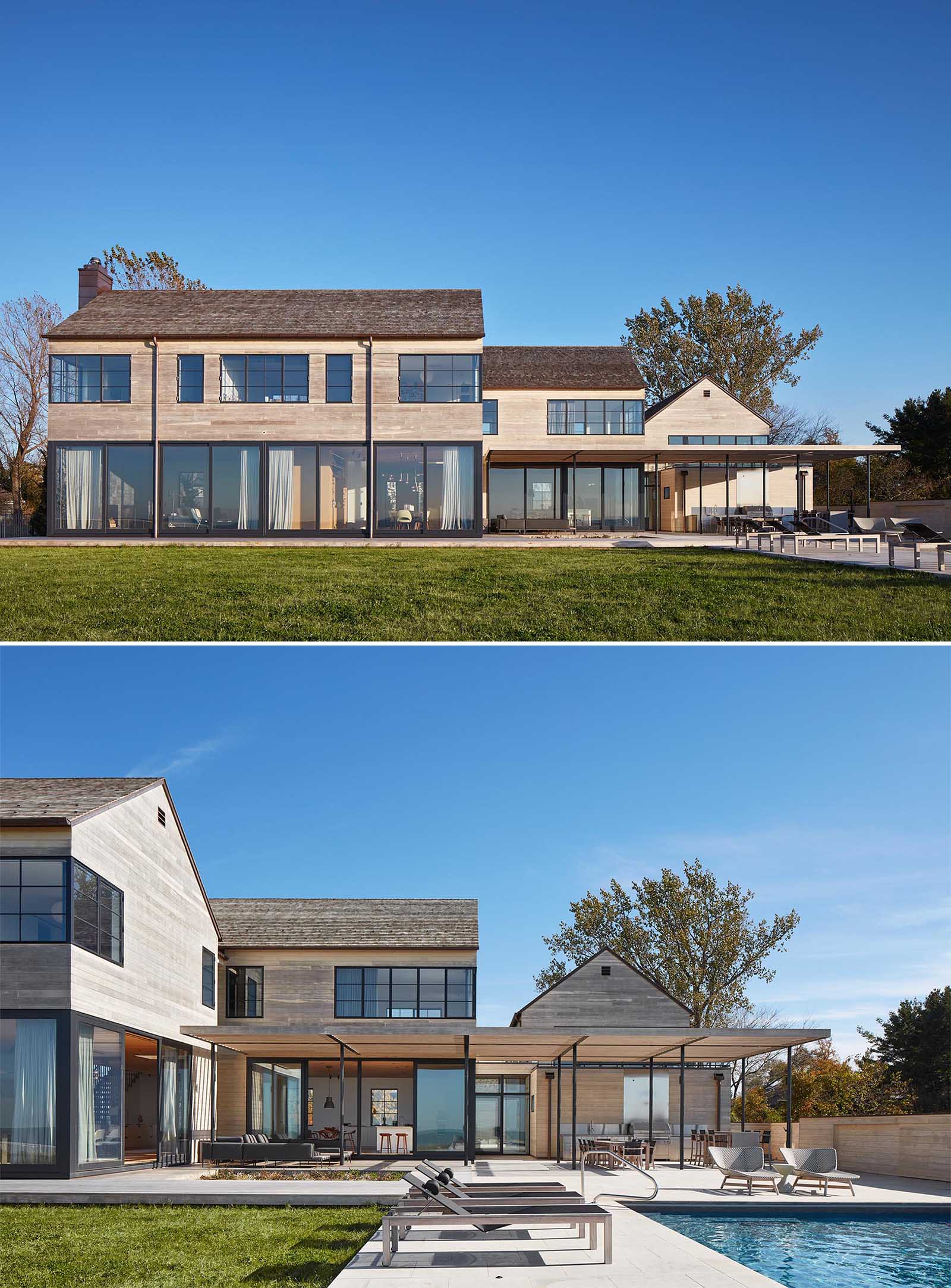 The Accoya wood siding of this modern home complements the cedar shingles that have been used on the roof, both of which will weather gracefully in the constant wind coming off the lake.