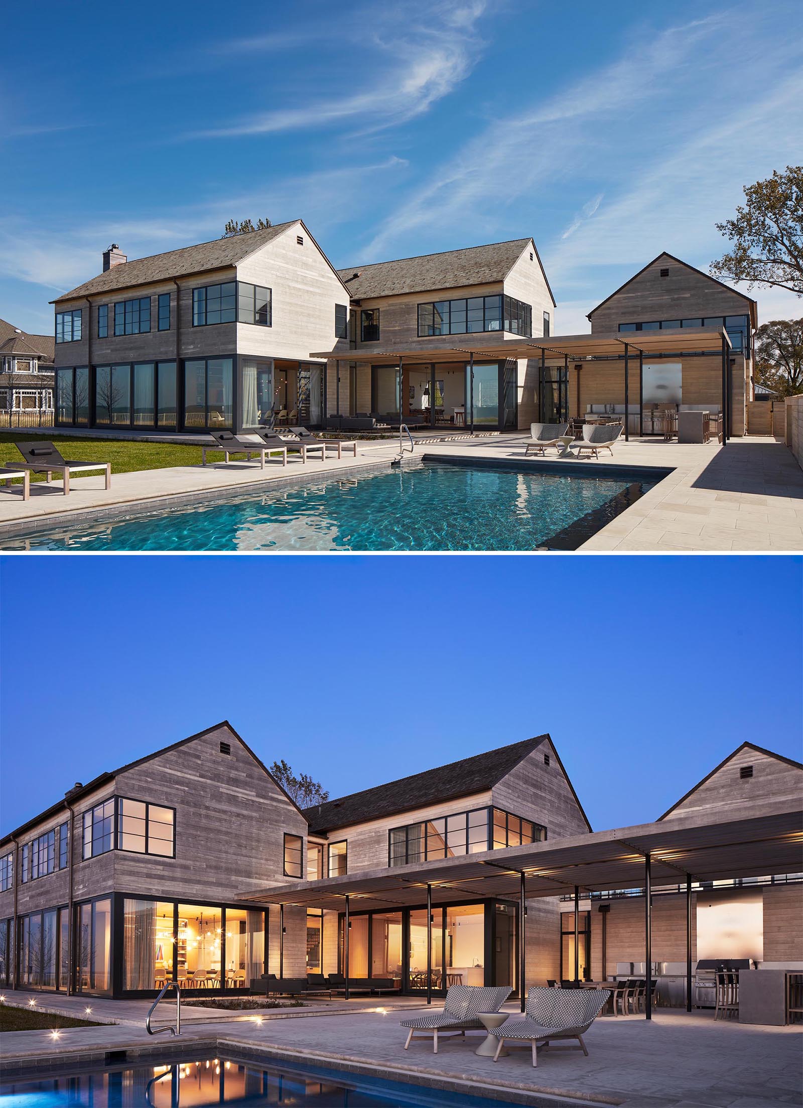 A modern house with Accoya wood siding, black window frames, wood roof shingles, and a swimming pool.