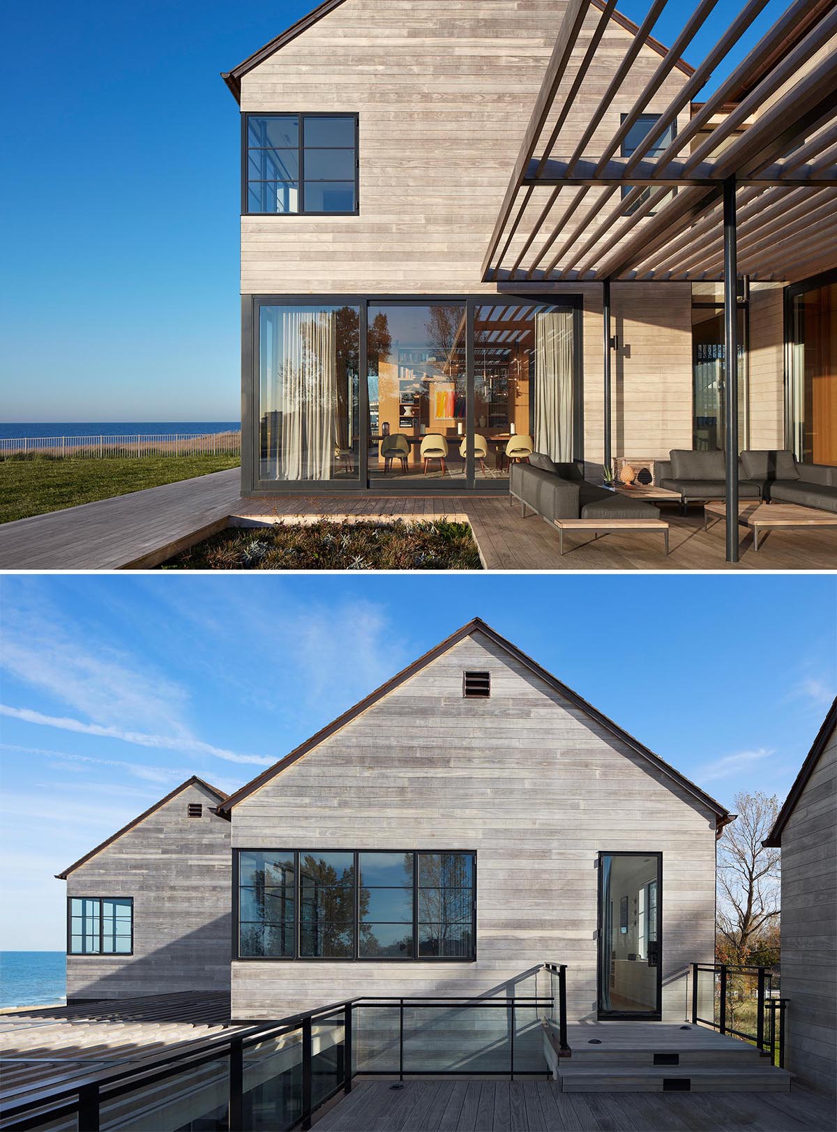 A modern house with Accoya wood siding, black window frames, wood roof shingles, and a swimming pool.