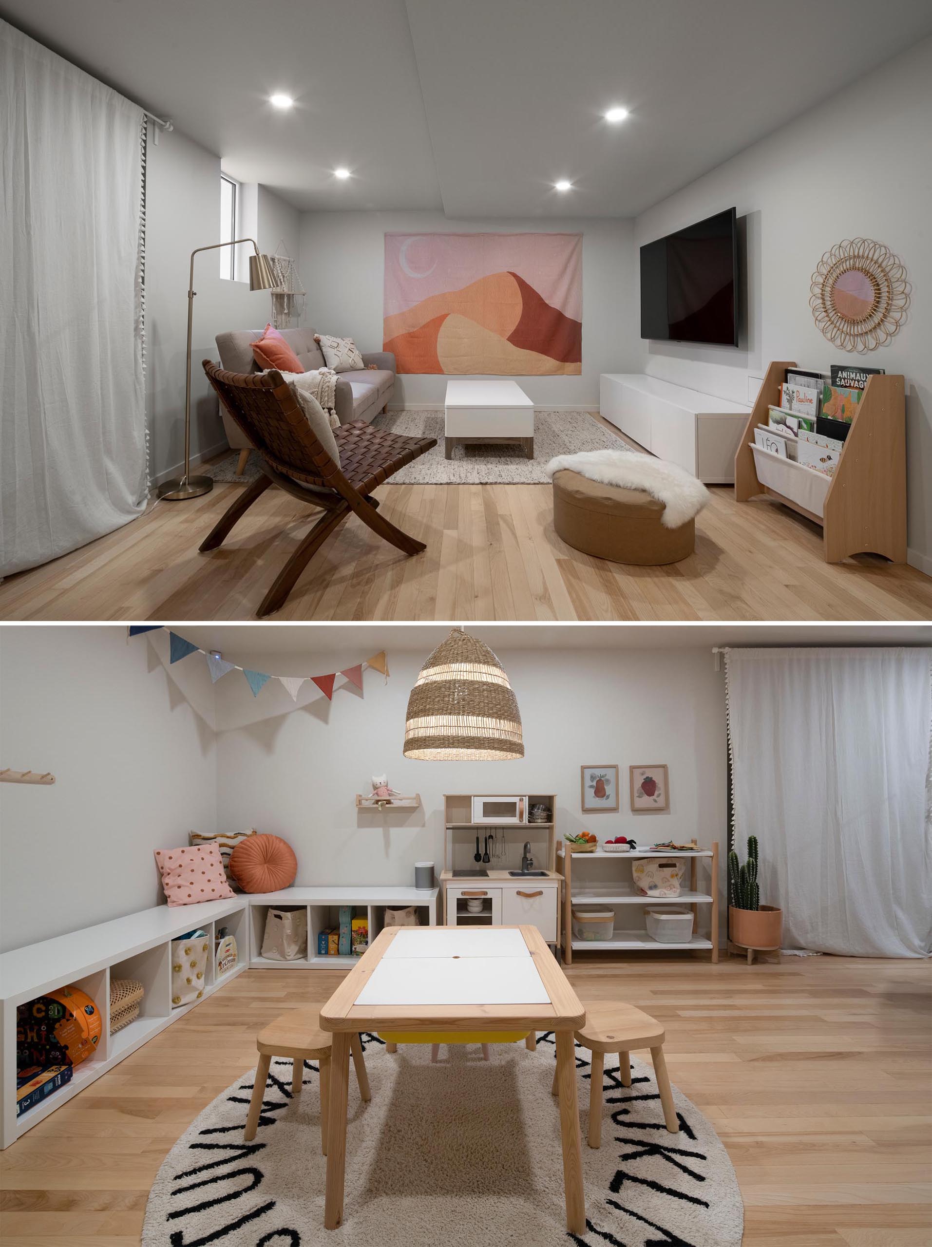 A modern basement with a combined TV room and playroom.