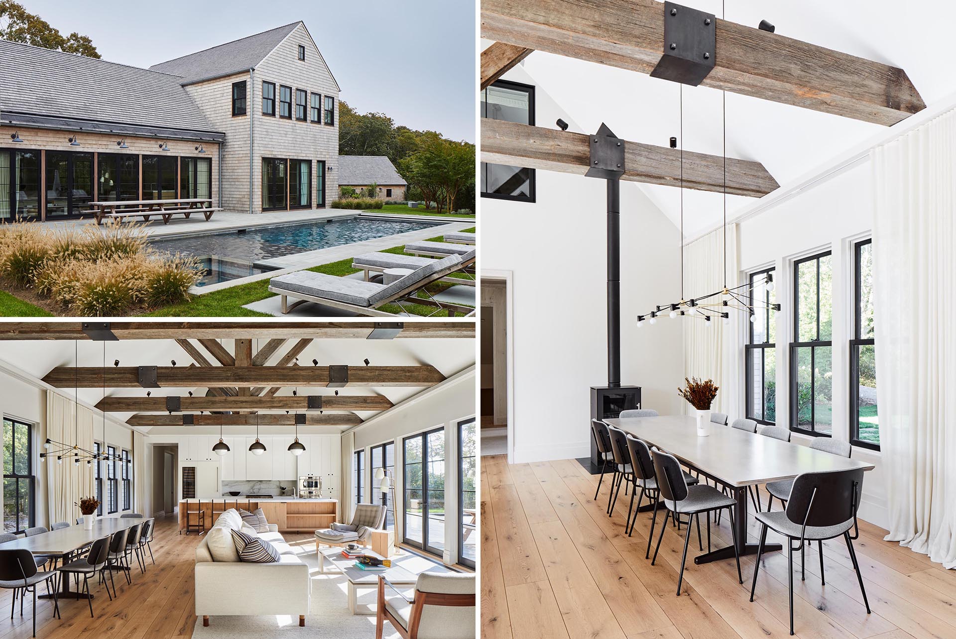 This modern farmhouse inspired home has a wood shingle exterior, and a great room with wood beams.