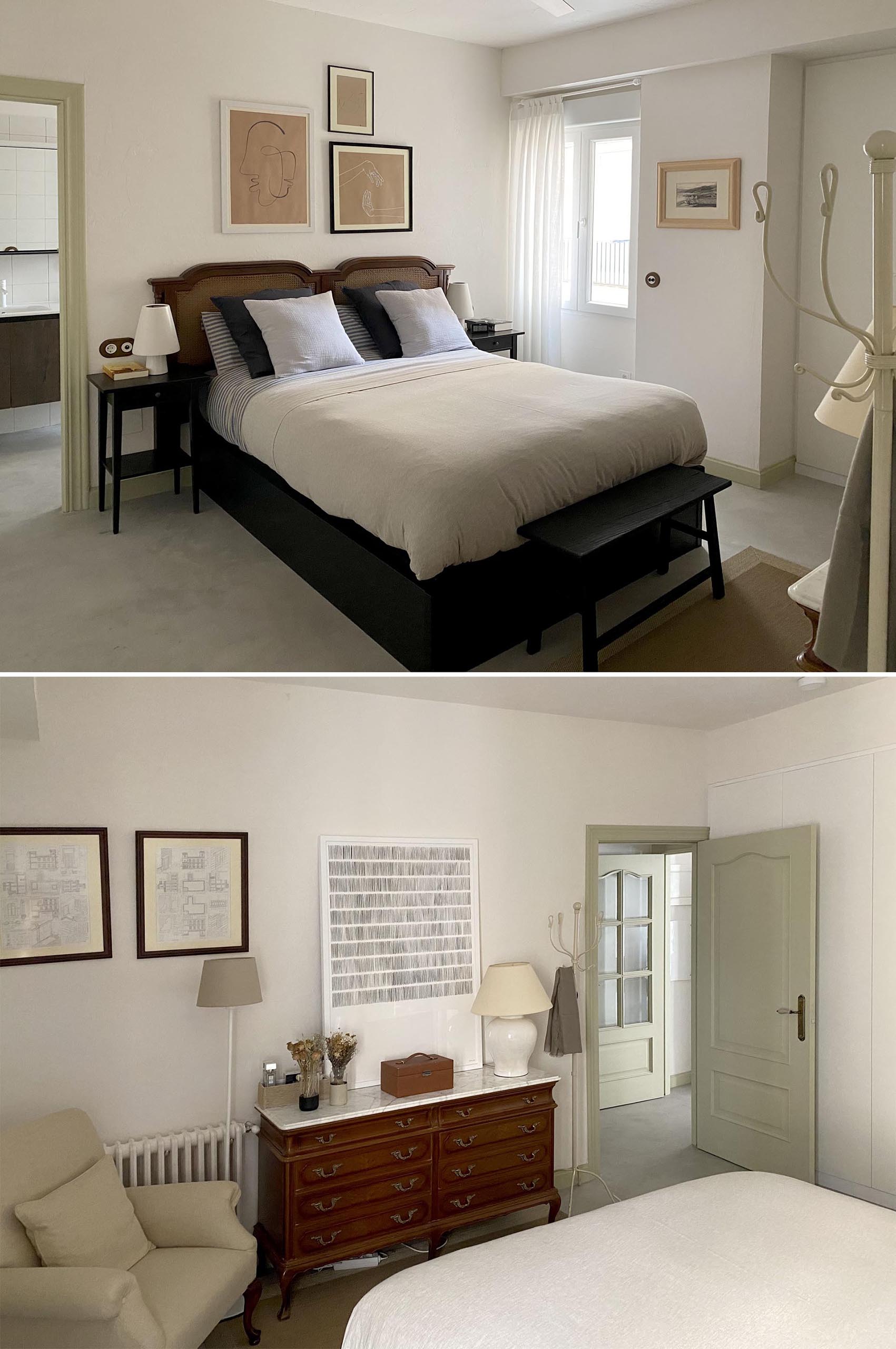 In the bedroom, a dark bed frame contrasts the white walls, but also ties in with the black picture frames, bench, and side tables.