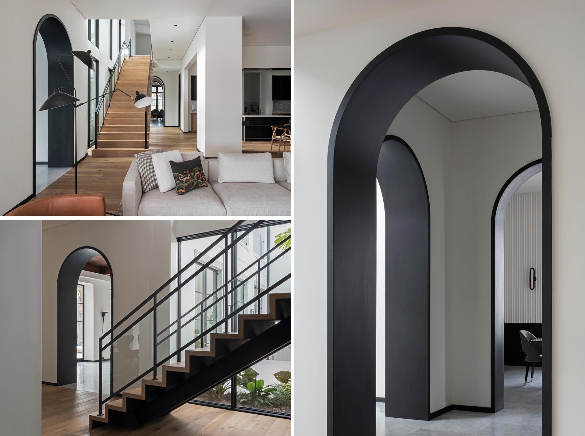Each of the arched doorways in this modern interior are highlighted by a seamless matte black lining.