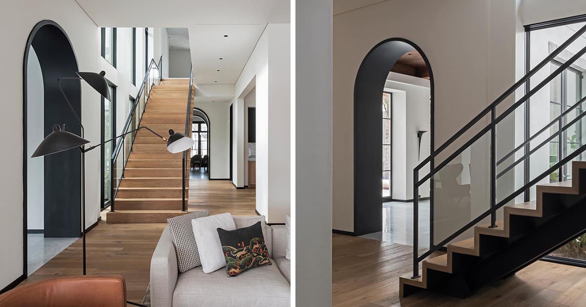 Matte Black Lined Archways Complement Other Black Accents Throughout This Interior