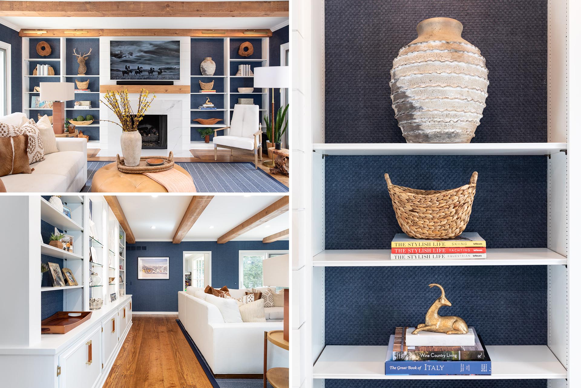 A contemporary living room with a fireplace, plenty of shelves, and walls lined with blue grass, cloth wallpaper.