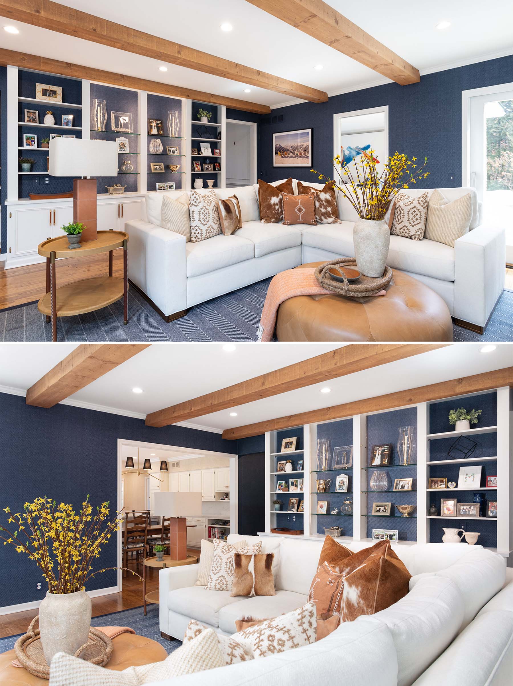 In this living room, reclaimed oak wood beams complement the fireplace mantle and the wide plank oak flooring, adding the perfect amount of warmth and coziness.