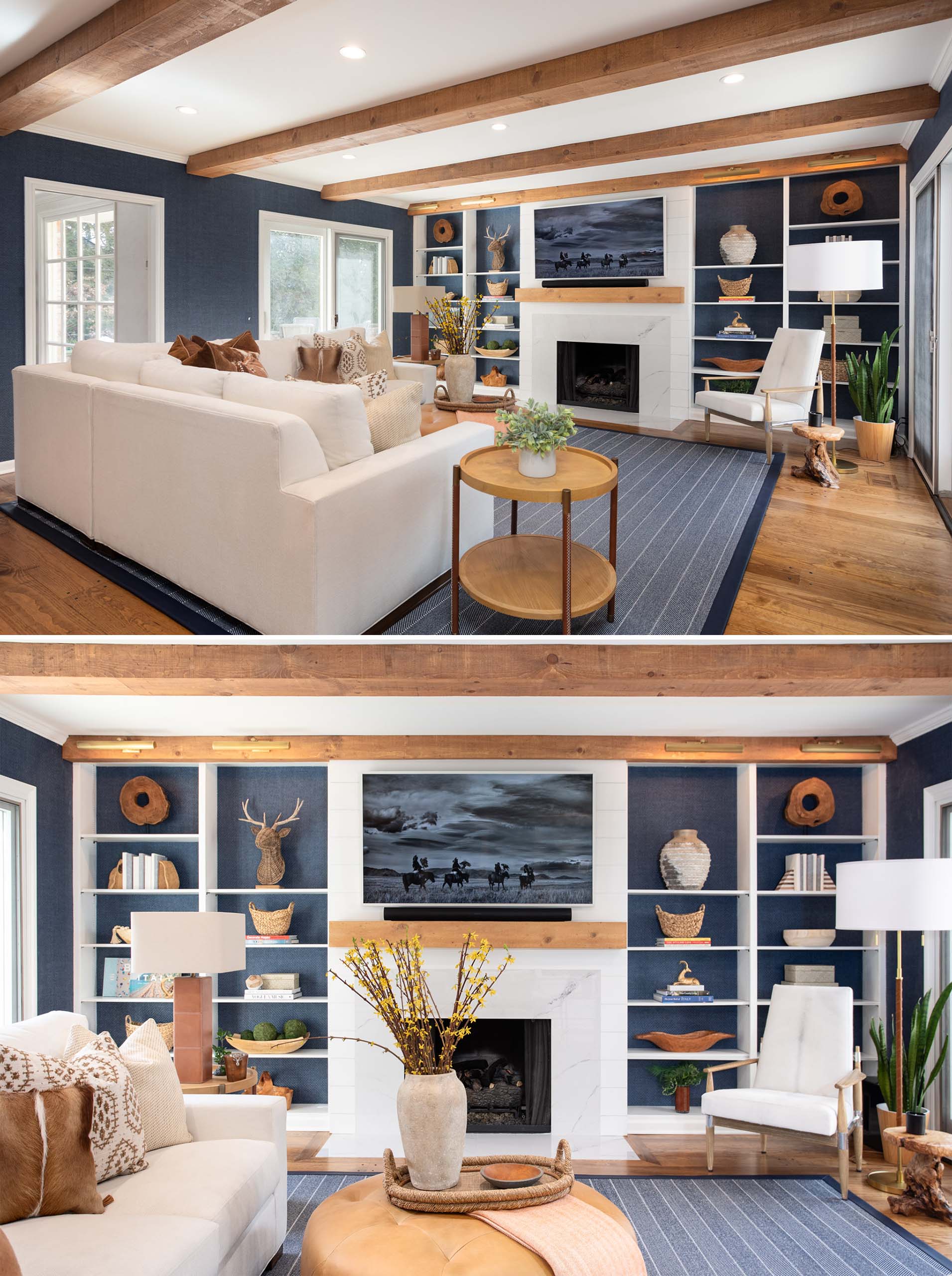 A contemporary living room with a fireplace, plenty of shelves, and walls lined with blue grass, cloth wallpaper.