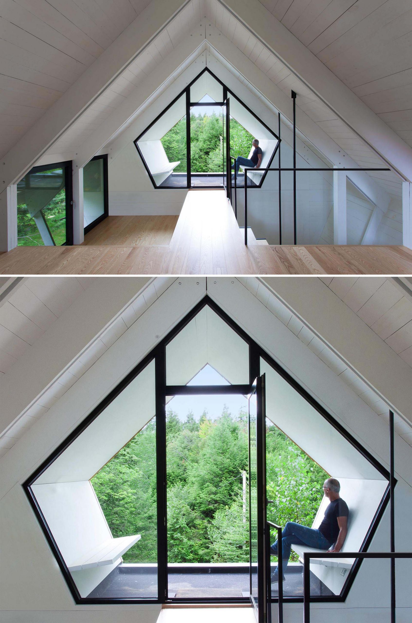 From inside the cottage, there's a wood walkway that leads to a pentagonal shaped window with a door in it. The door opens to provide access to the seating that's positioned to take advantage of the different views.