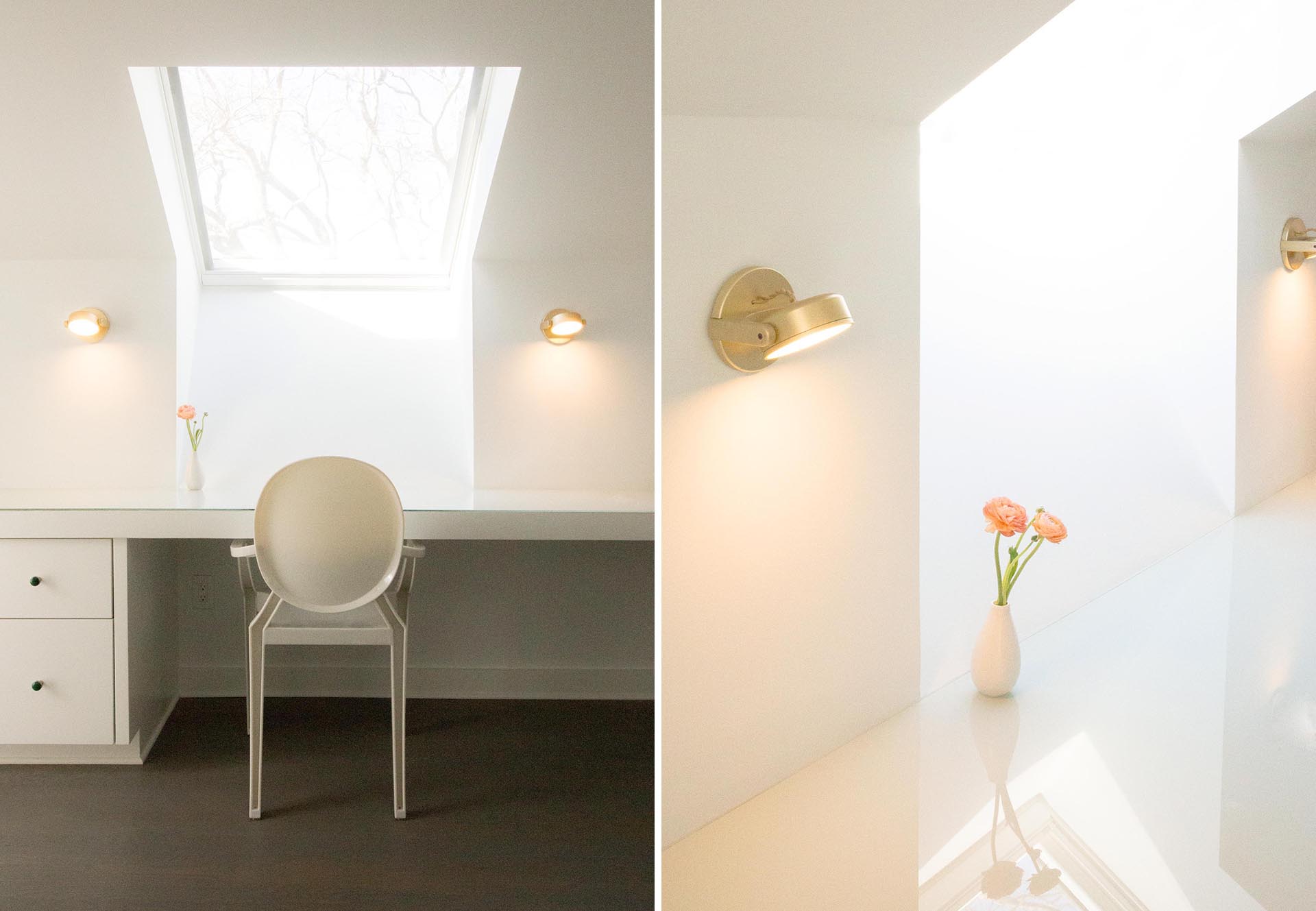 A home office with a desk that takes advantage of natural light from the skylight.