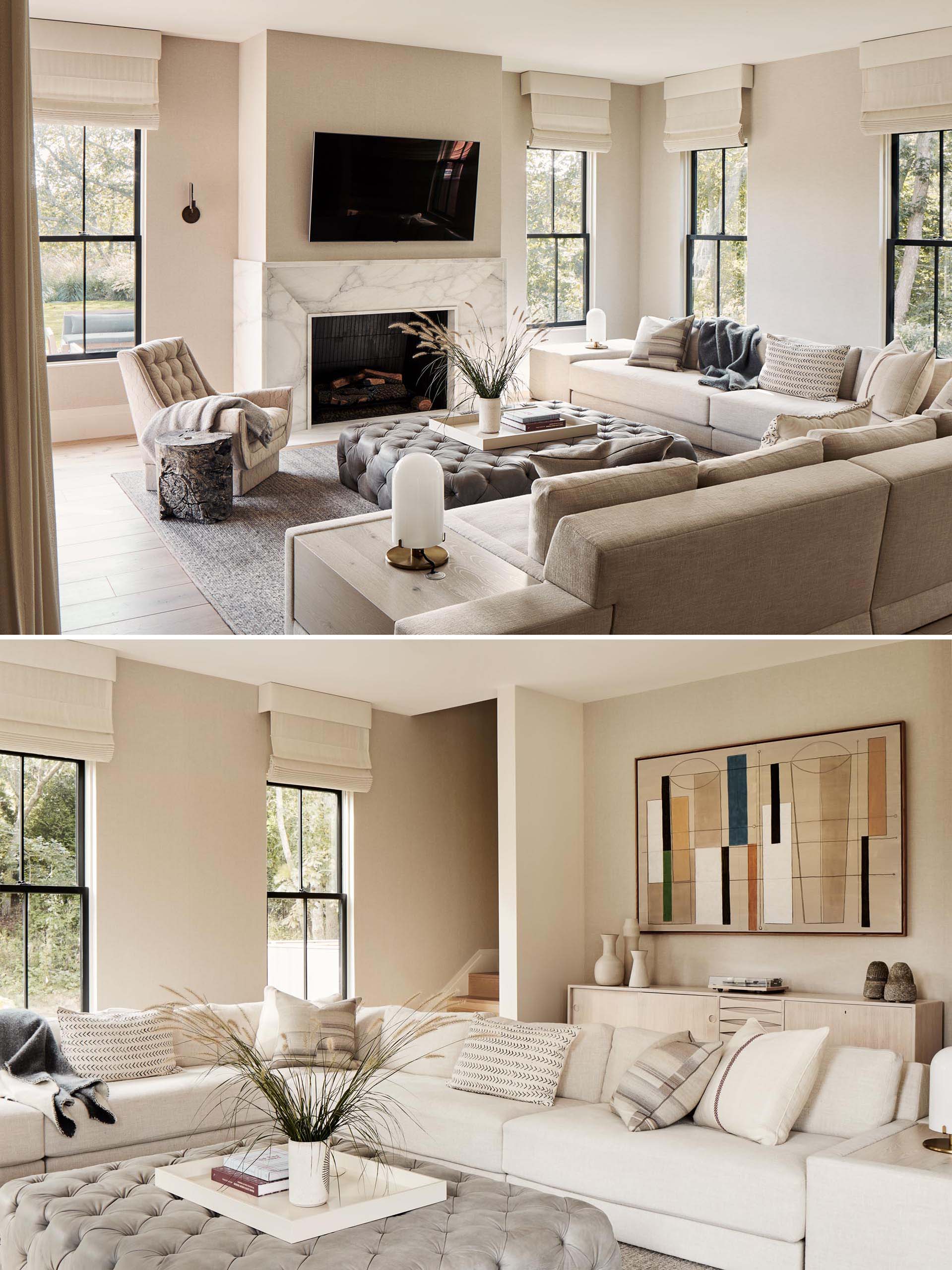 This family room with a neutral color palette includes a fireplace and an L-shaped couch for comfortable movie nights.