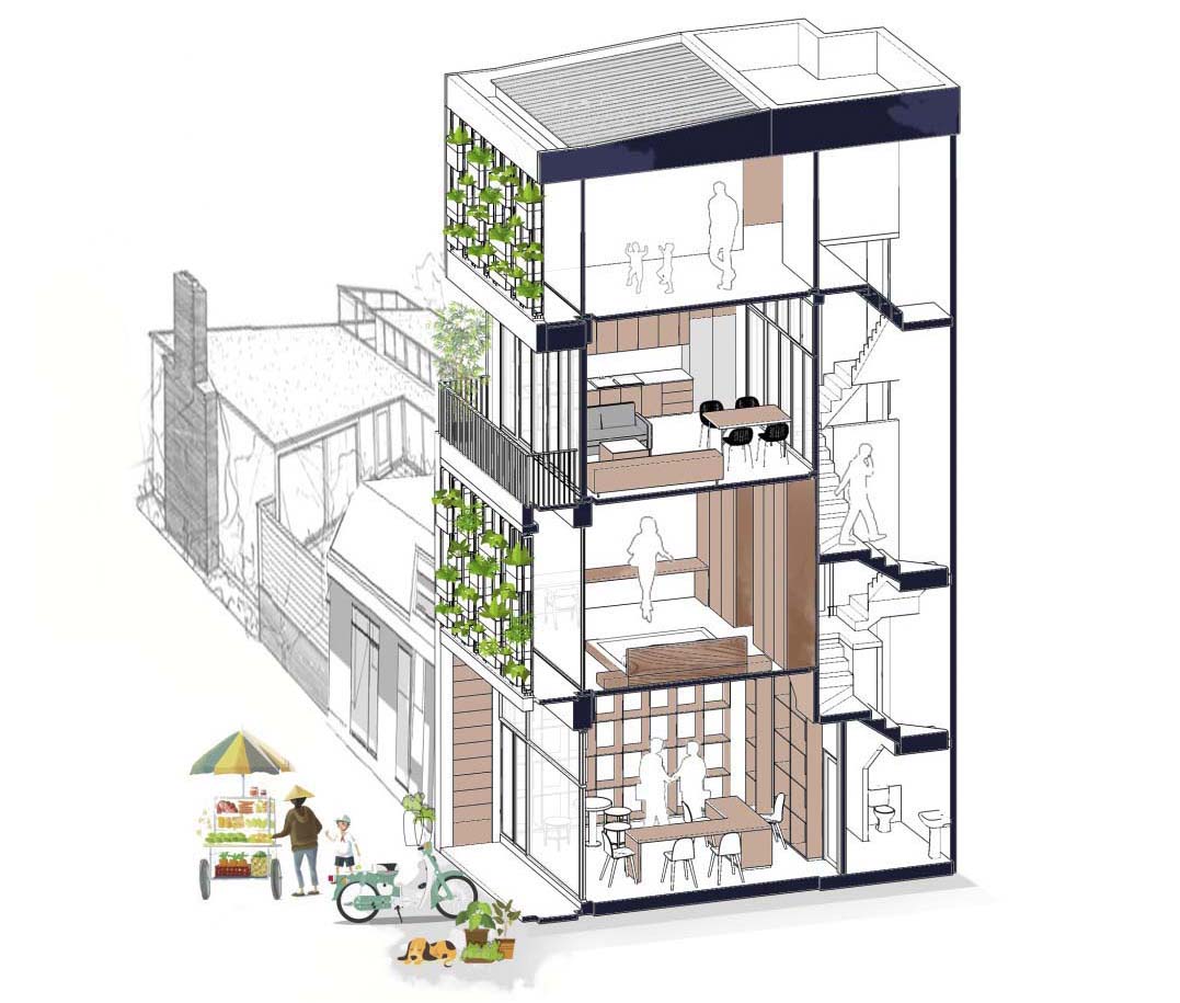 A four storey home with built-in planters on the facade.