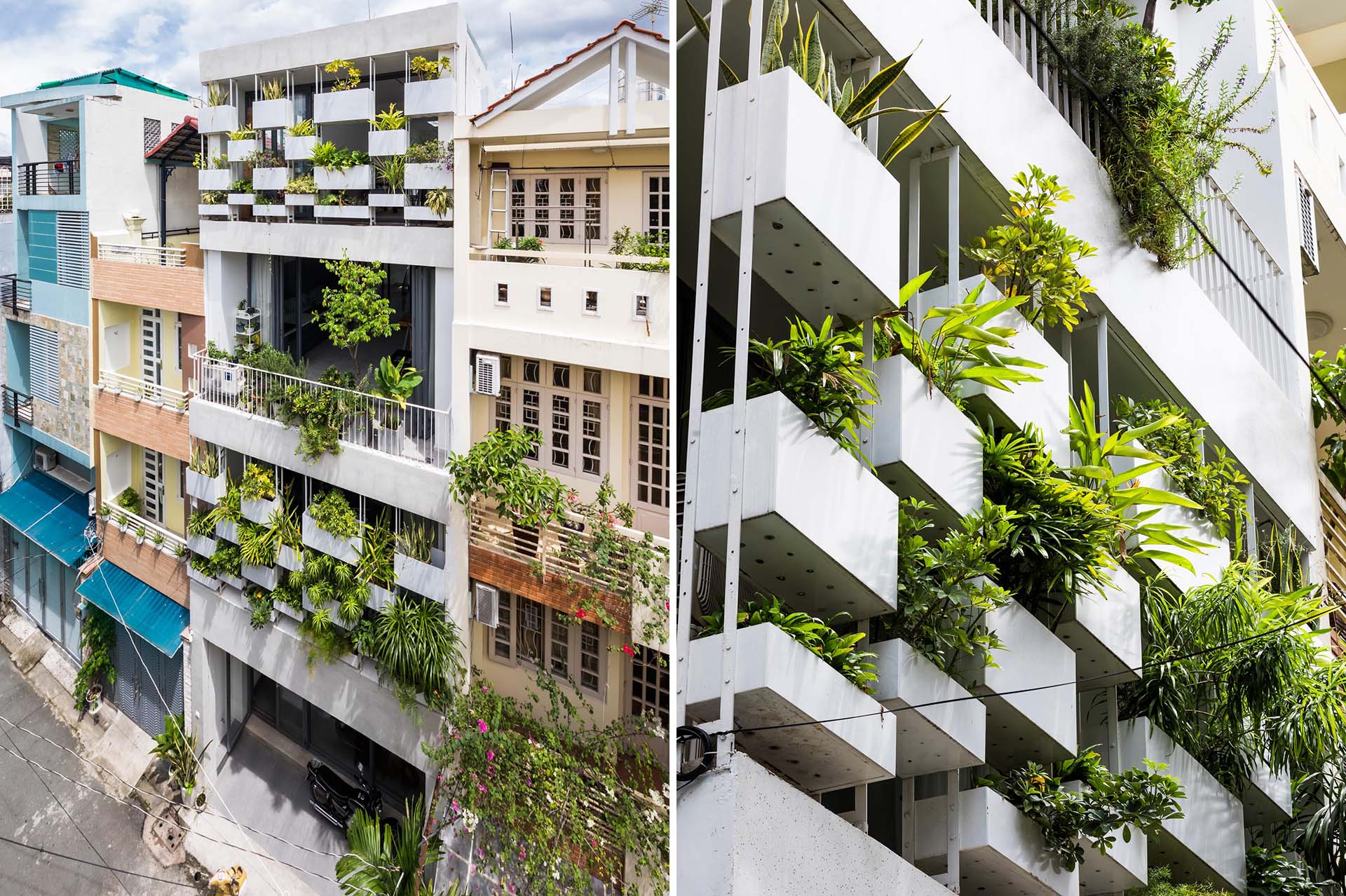 Planters have been added to the facade of this modern house, incorporating a  natural element into the concrete exterior.