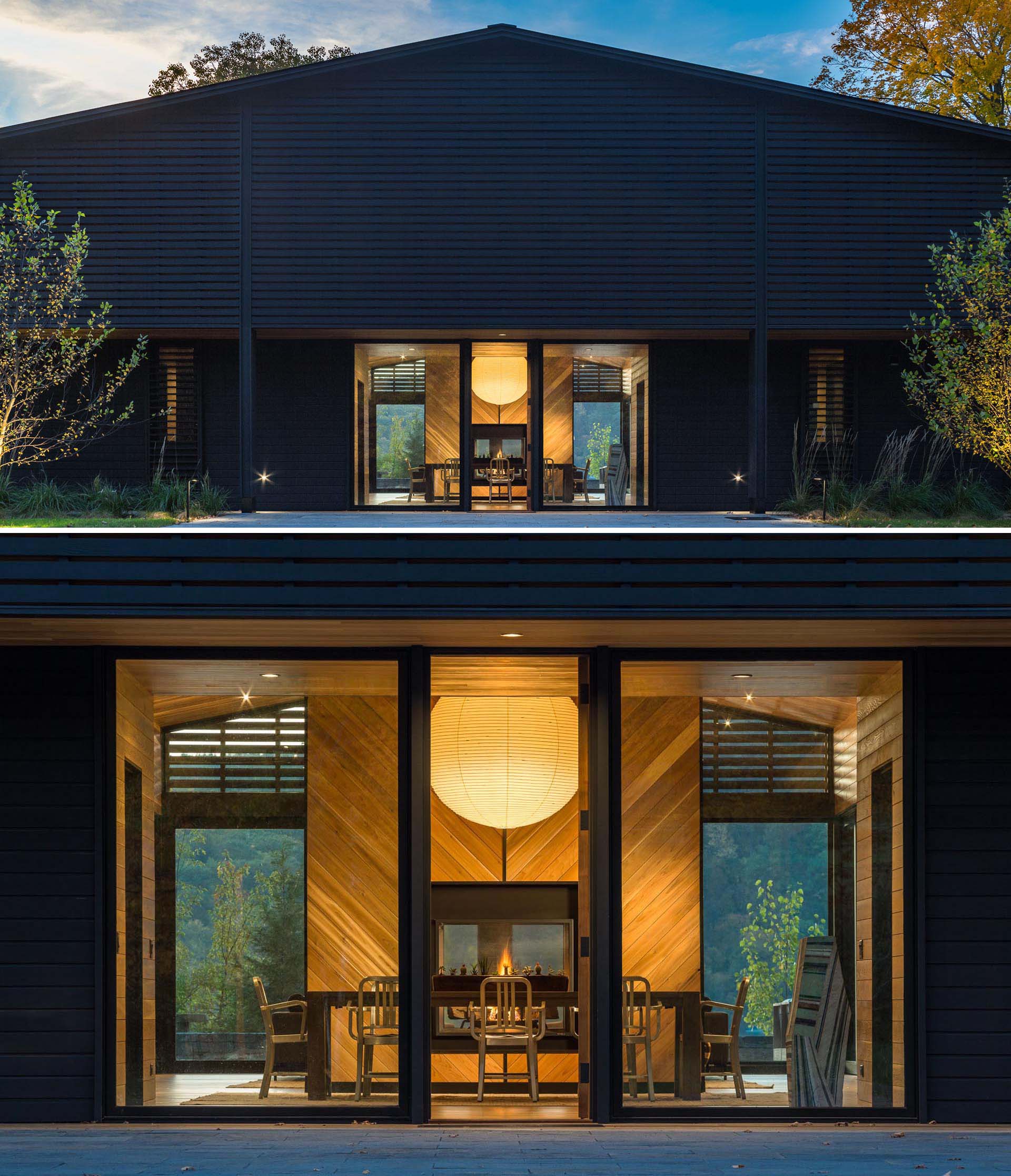 An oversized front door is flanked by two large floor-to-ceiling windows, and opens to a dining room with oversized pendant light and double-sided fireplace.